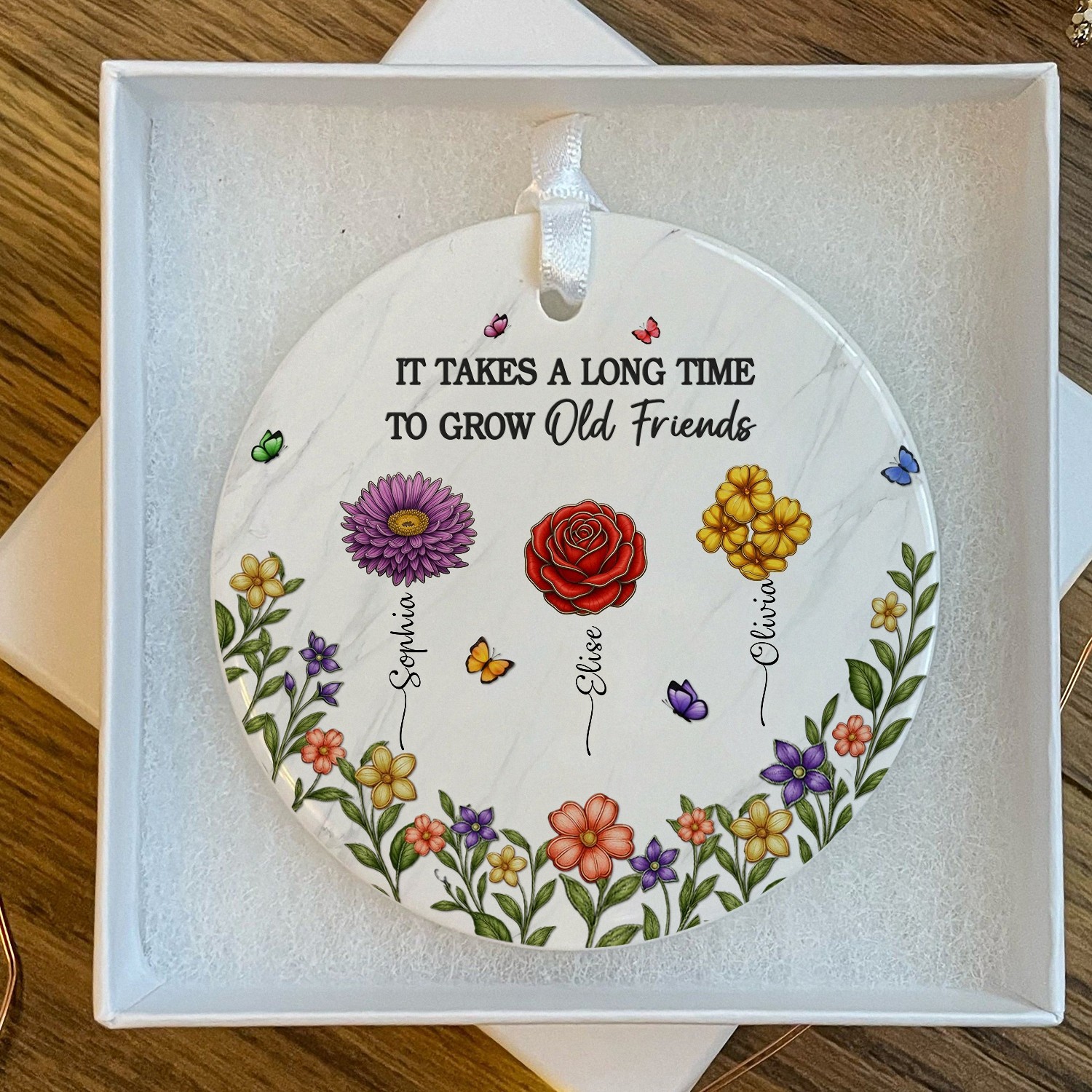 Personalized Old Friends Birth Flower Ornament with Custom Names Round Ceramic Keepsake with Floral Garden Friendship Birthday Gift for Women Best Friend Christmas Decoration