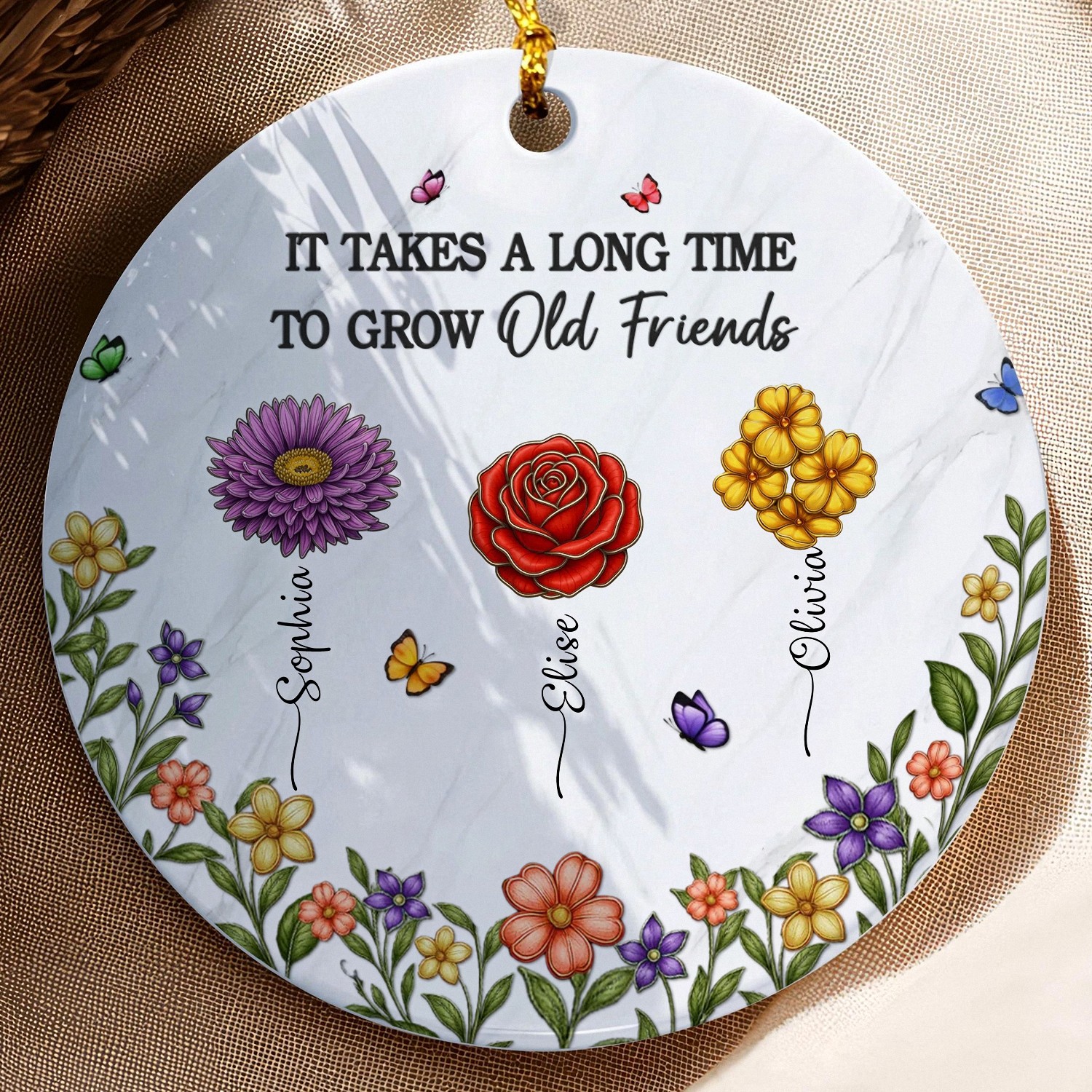 Personalized Old Friends Birth Flower Ornament with Custom Names Round Ceramic Keepsake with Floral Garden Friendship Birthday Gift for Women Best Friend Christmas Decoration