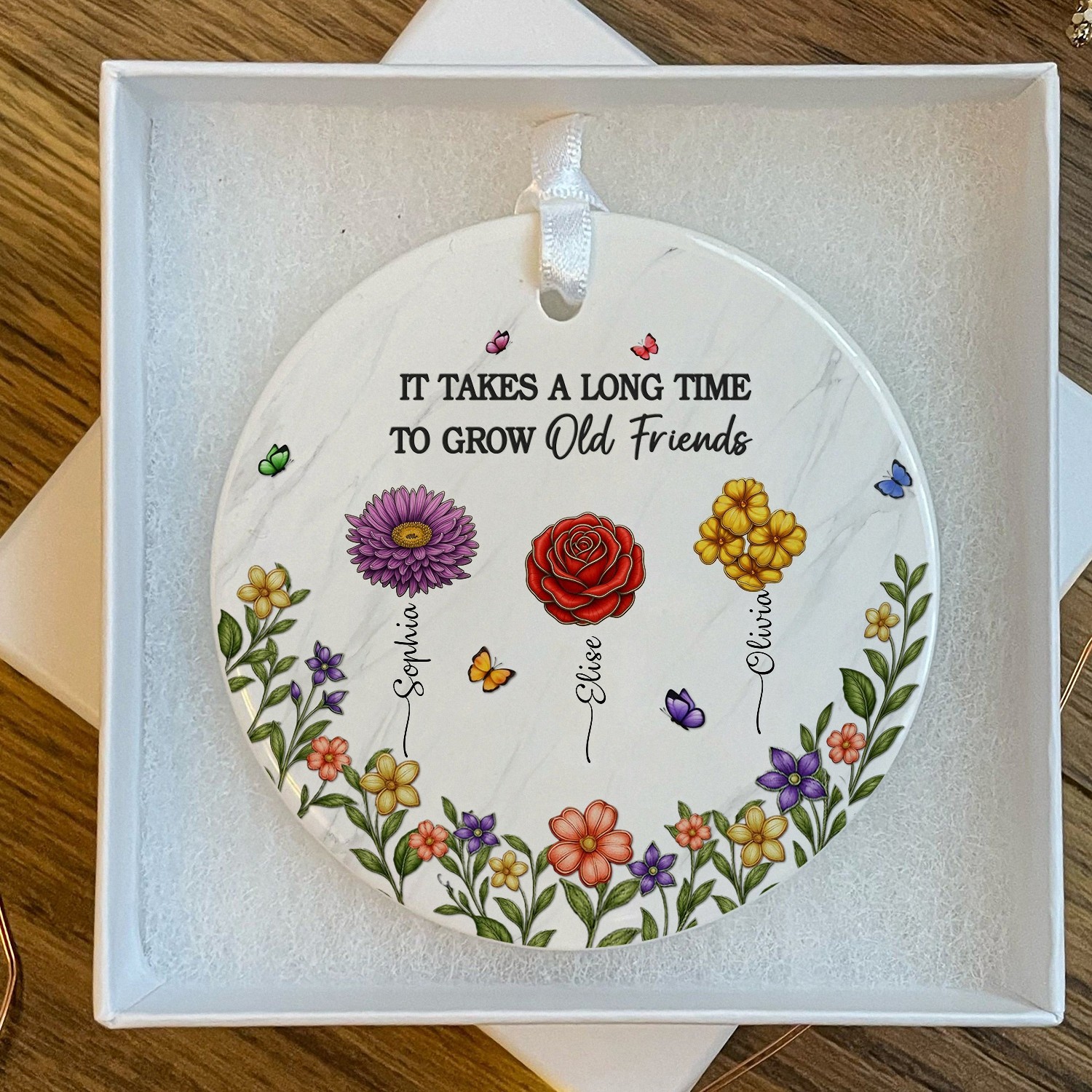 Personalized Old Friends Birth Flower Ornament with Custom Names Round Ceramic Keepsake with Floral Garden Friendship Birthday Gift for Women Best Friend Christmas Decoration