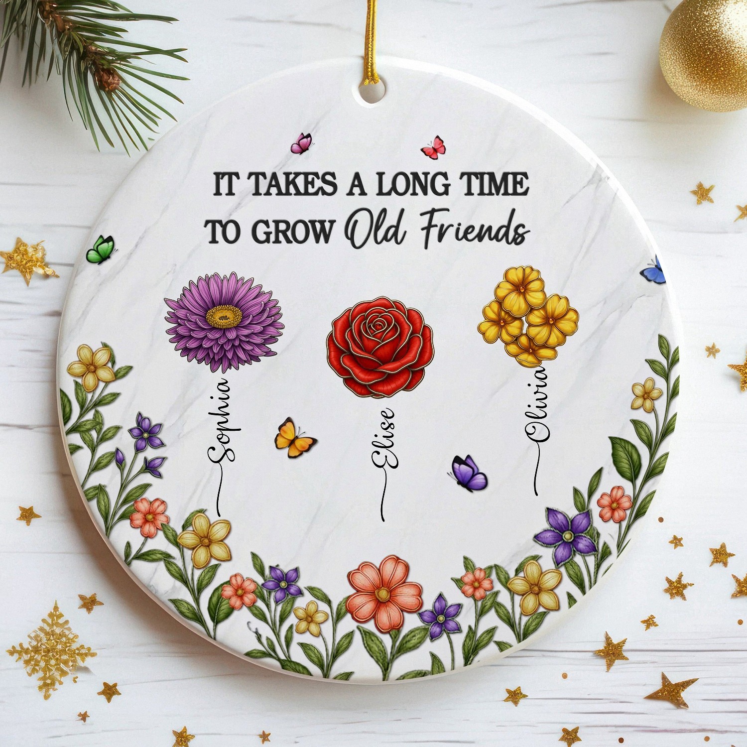 Personalized Old Friends Birth Flower Ornament with Custom Names Round Ceramic Keepsake with Floral Garden Friendship Birthday Gift for Women Best Friend Christmas Decoration