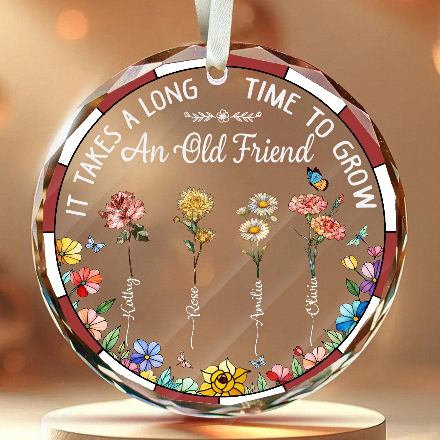 Personalized Old Friends Ornament with Custom Names Birth Flowers Friendship Keepsake