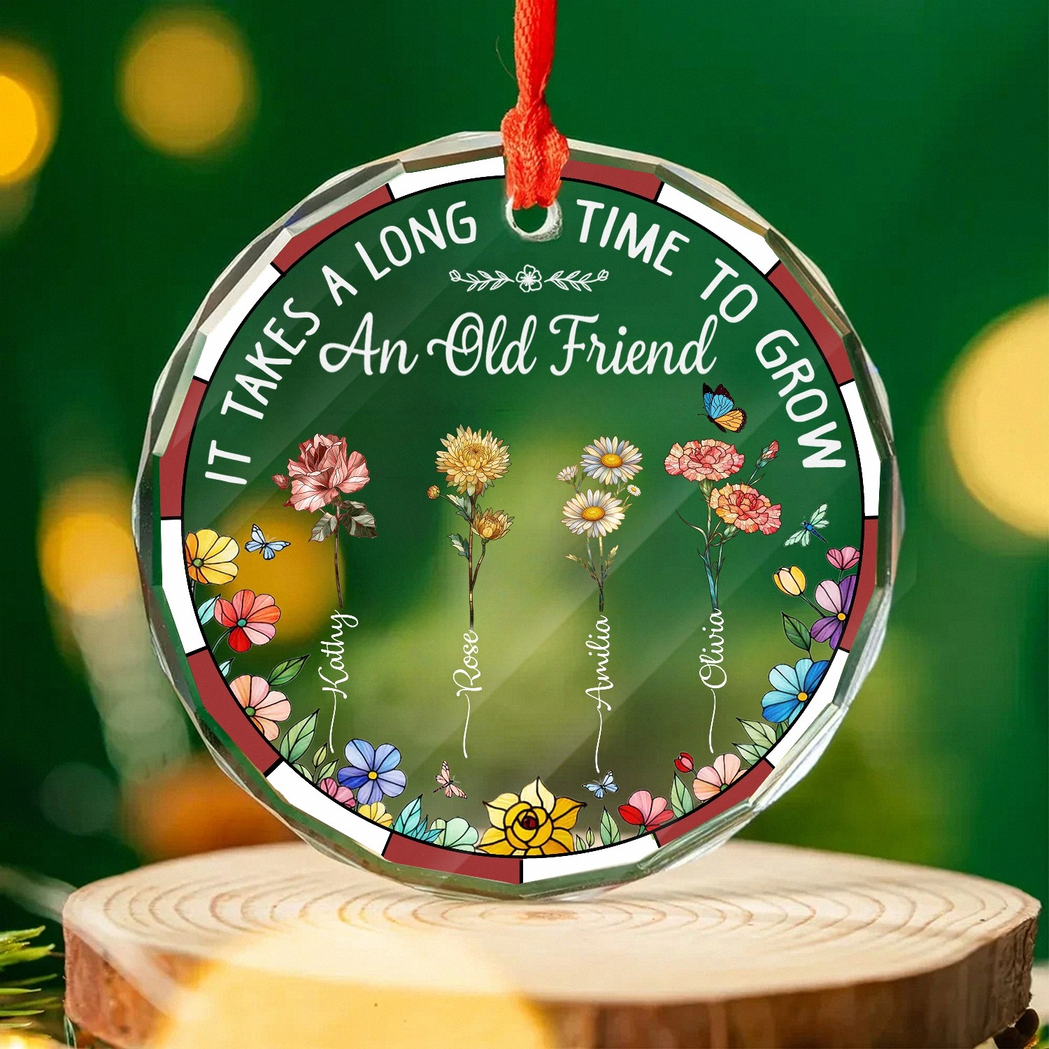 Personalized Old Friends Ornament with Custom Names Birth Flowers Friendship Keepsake