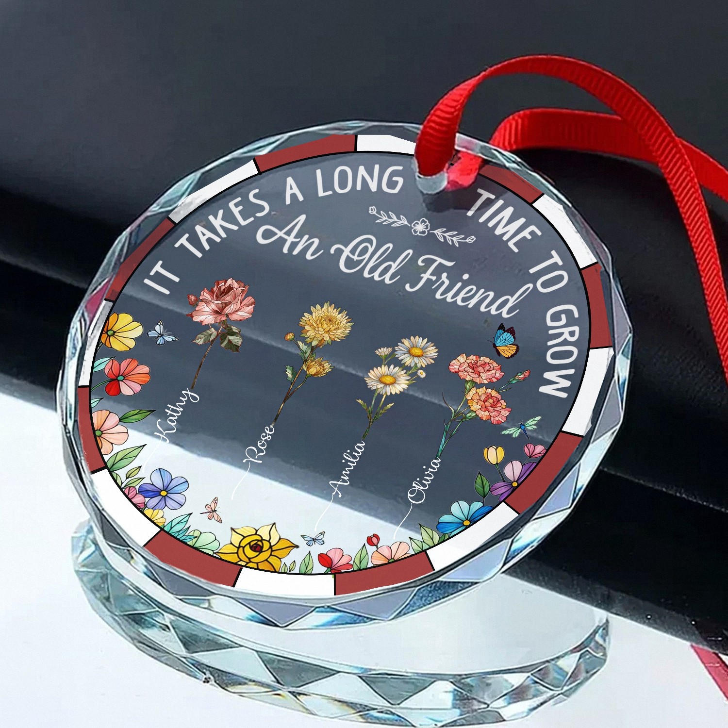 Personalized Old Friends Ornament with Custom Names Birth Flowers Friendship Keepsake