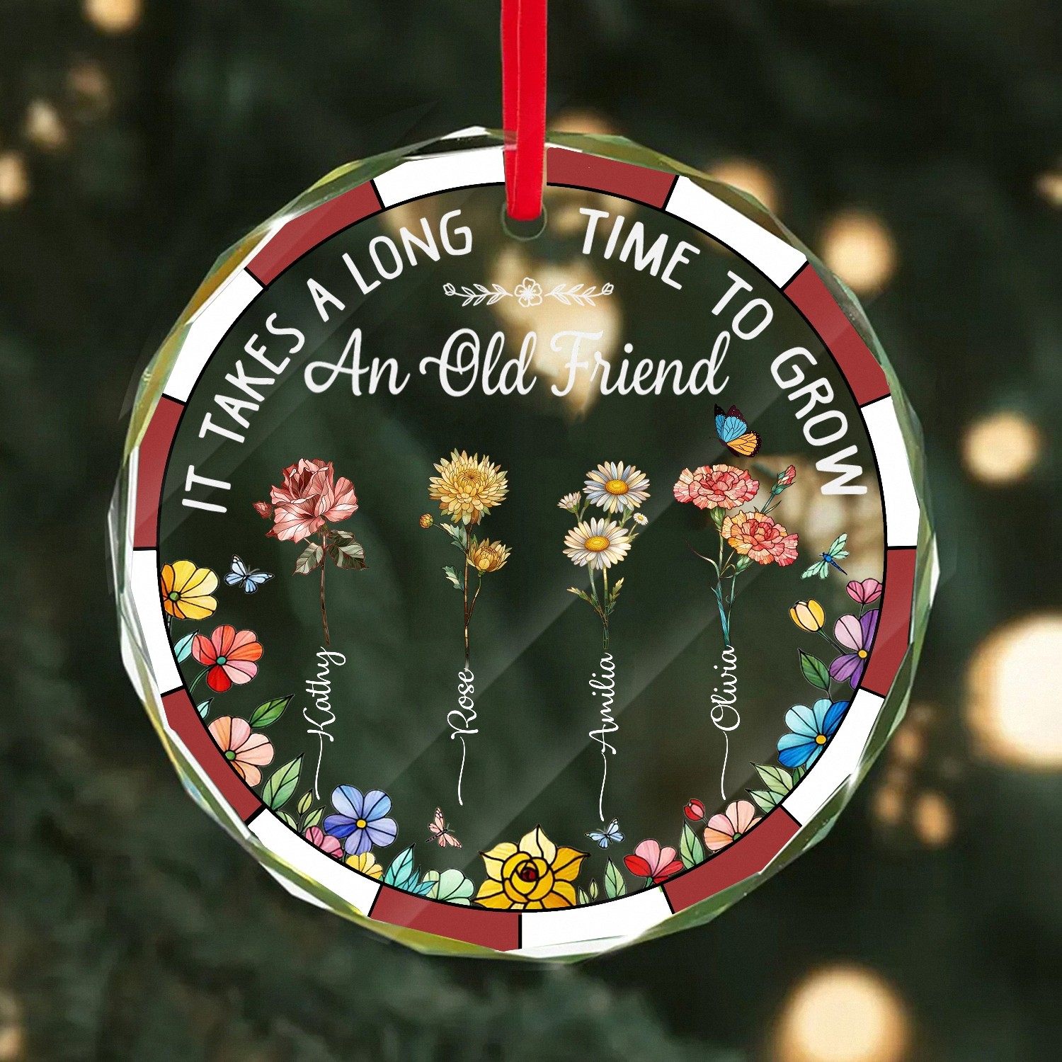 Personalized Old Friends Ornament with Custom Names Birth Flowers Friendship Keepsake