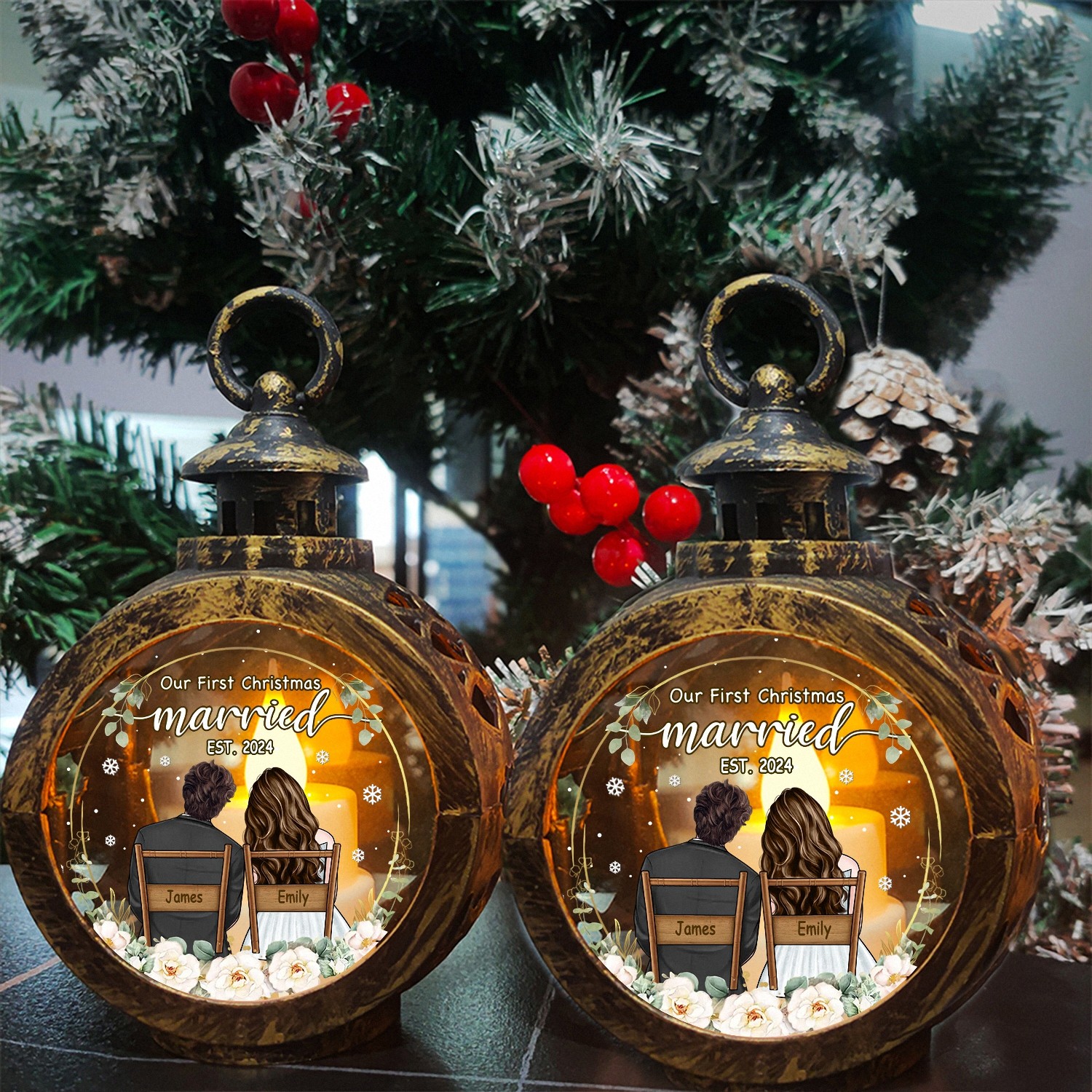 Personalized Our First Christmas Married Lantern with Custom Names Year Vintage Style LED Light Keepsake Wedding Christmas Gift for Newlyweds 1KMOE