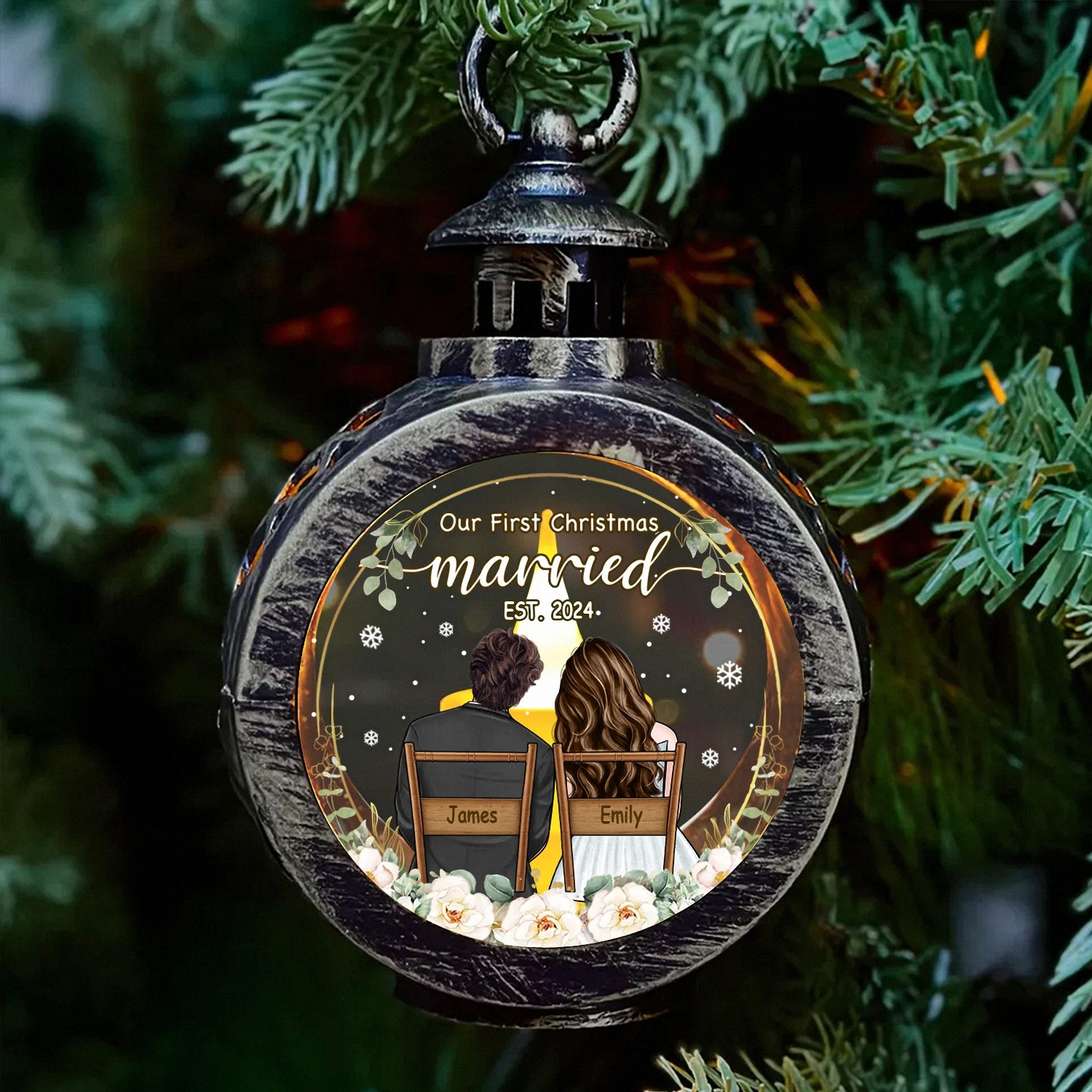 Personalized Our First Christmas Married Lantern with Custom Names Year Vintage Style LED Light Keepsake Wedding Christmas Gift for Newlyweds 1KMOE
