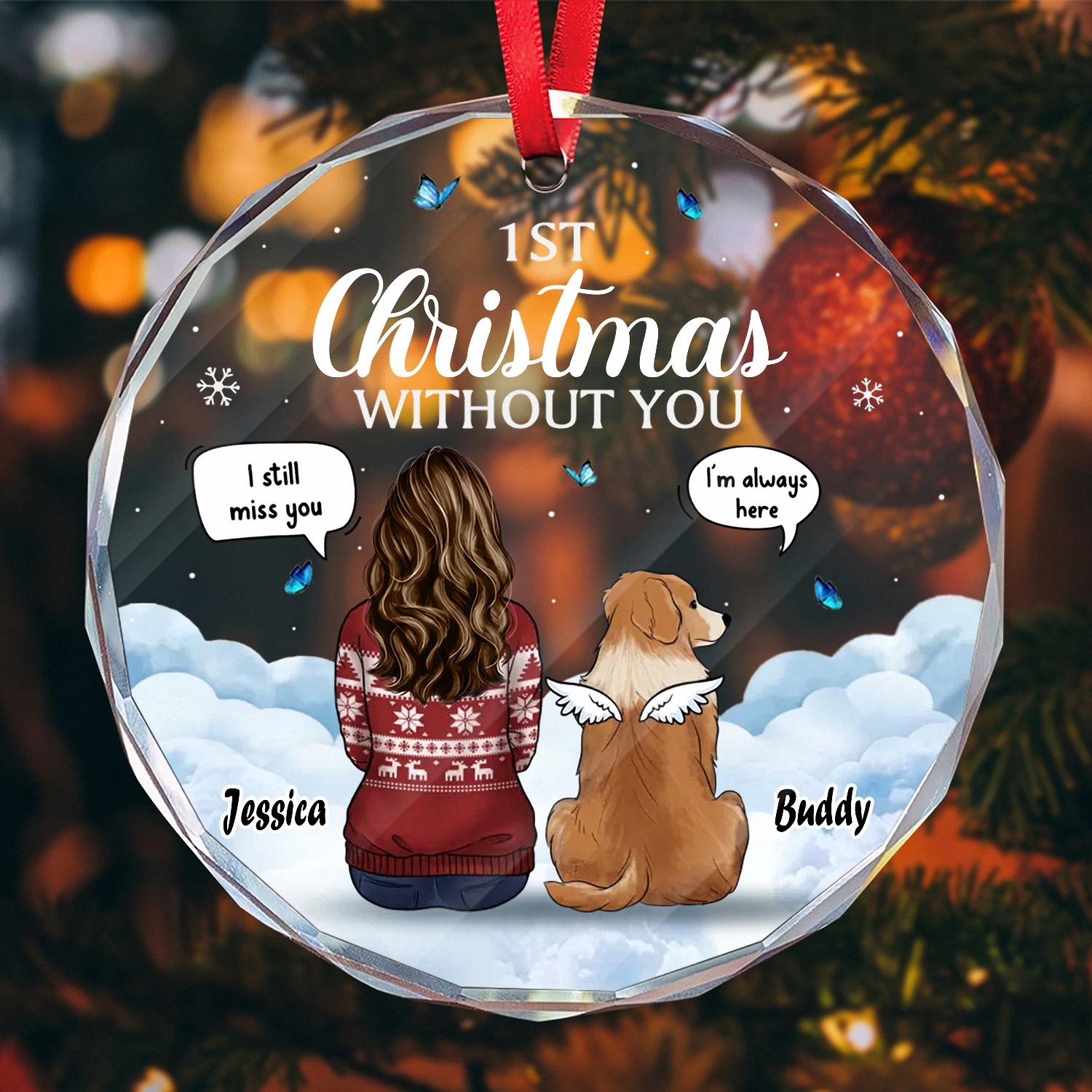 Personalized Pet Memorial 1st Christmas Without You Ornament Angel Dog Faceted Glass Style Keepsake Pet Loss Bereavement Gift for Grieving Owners Sympathy Remembrance Gift