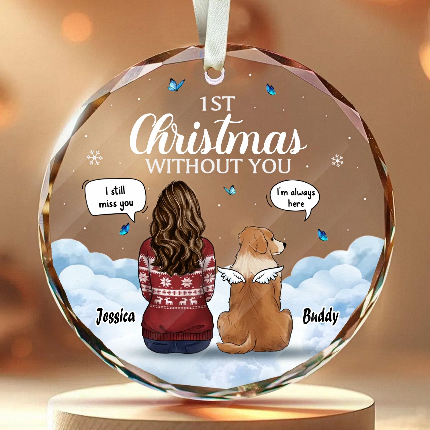 Personalized Pet Memorial 1st Christmas Without You Ornament Angel Dog Faceted Glass Style Keepsake Pet Loss Bereavement Gift for Grieving Owners Sympathy Remembrance Gift