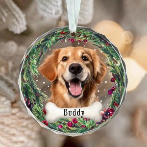 Personalized Pet Memorial Glass Ornament with Custom Name & Photo - Dog Remembrance Keepsake with Christmas Wreath
