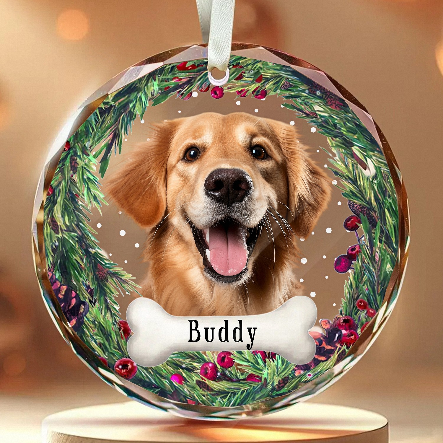 Personalized Pet Memorial Glass Ornament with Custom Name & Photo - Dog Remembrance Keepsake with Christmas Wreath