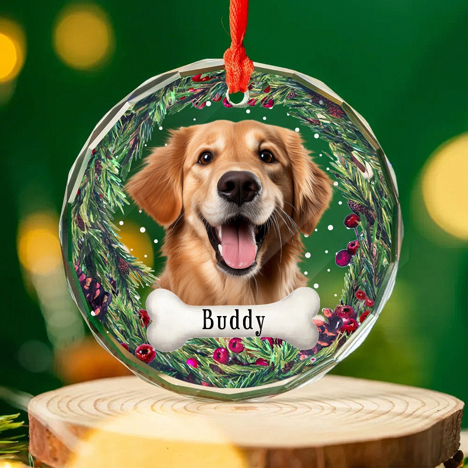 Personalized Pet Memorial Glass Ornament with Custom Name & Photo - Dog Remembrance Keepsake with Christmas Wreath