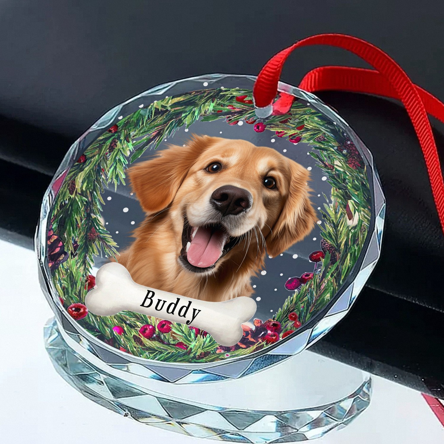 Personalized Pet Memorial Glass Ornament with Custom Name & Photo - Dog Remembrance Keepsake with Christmas Wreath