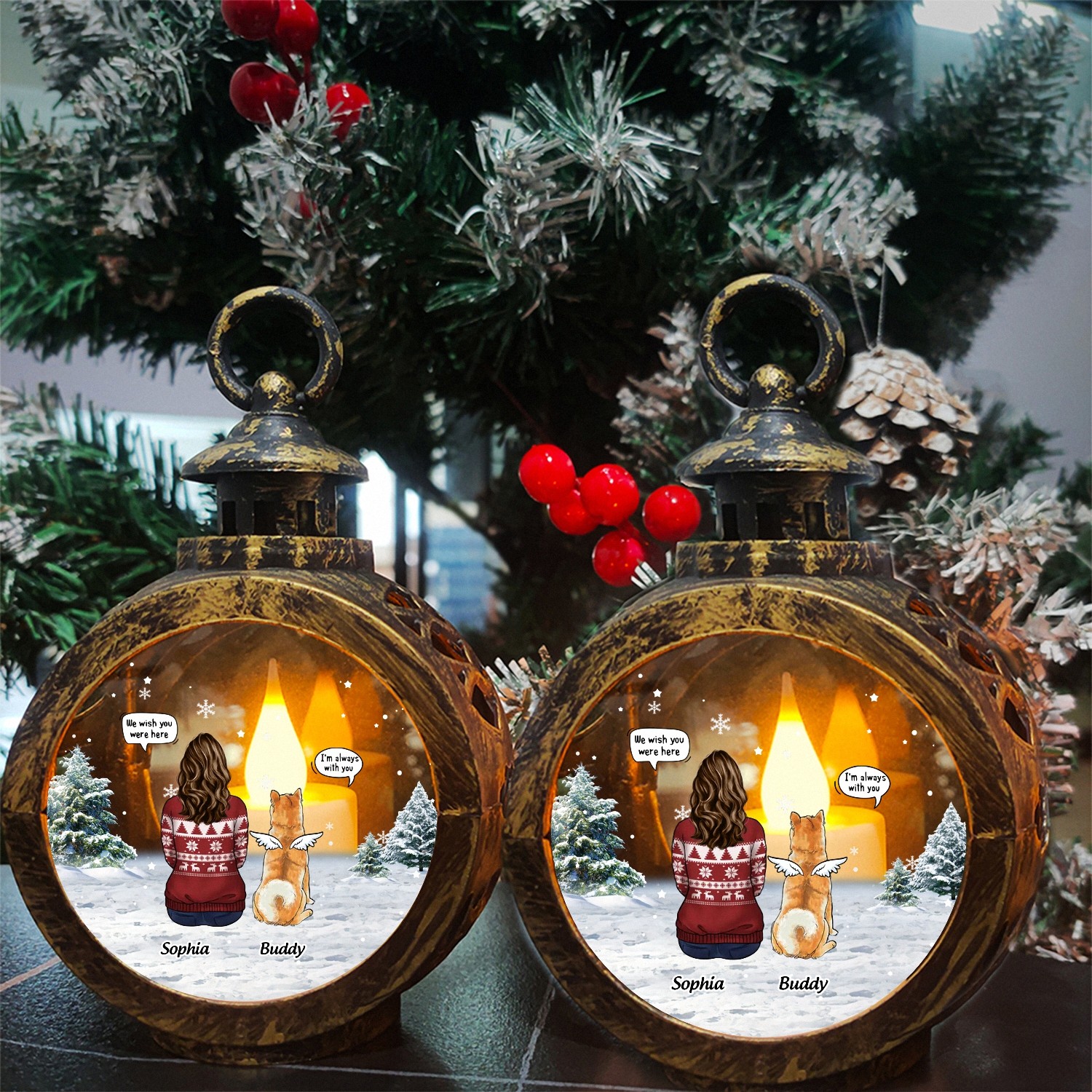 Personalized Pet Memorial Lantern with Custom Names Im Always With You Angel Dog LED Light Vintage Style Keepsake Pet Loss Bereavement Gift for Grieving Owners Sympathy Decor-3EEOM