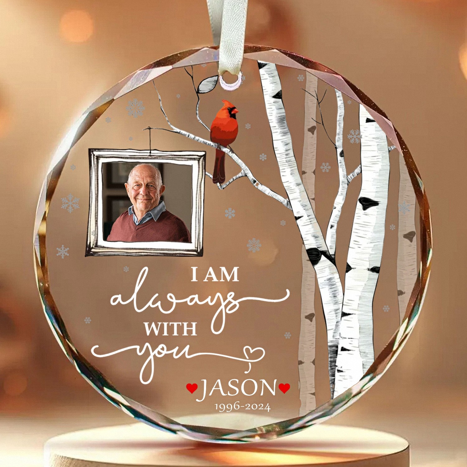 Personalized Photo Memorial Ornament Circle Keepsake with Cardinal Birch Tree