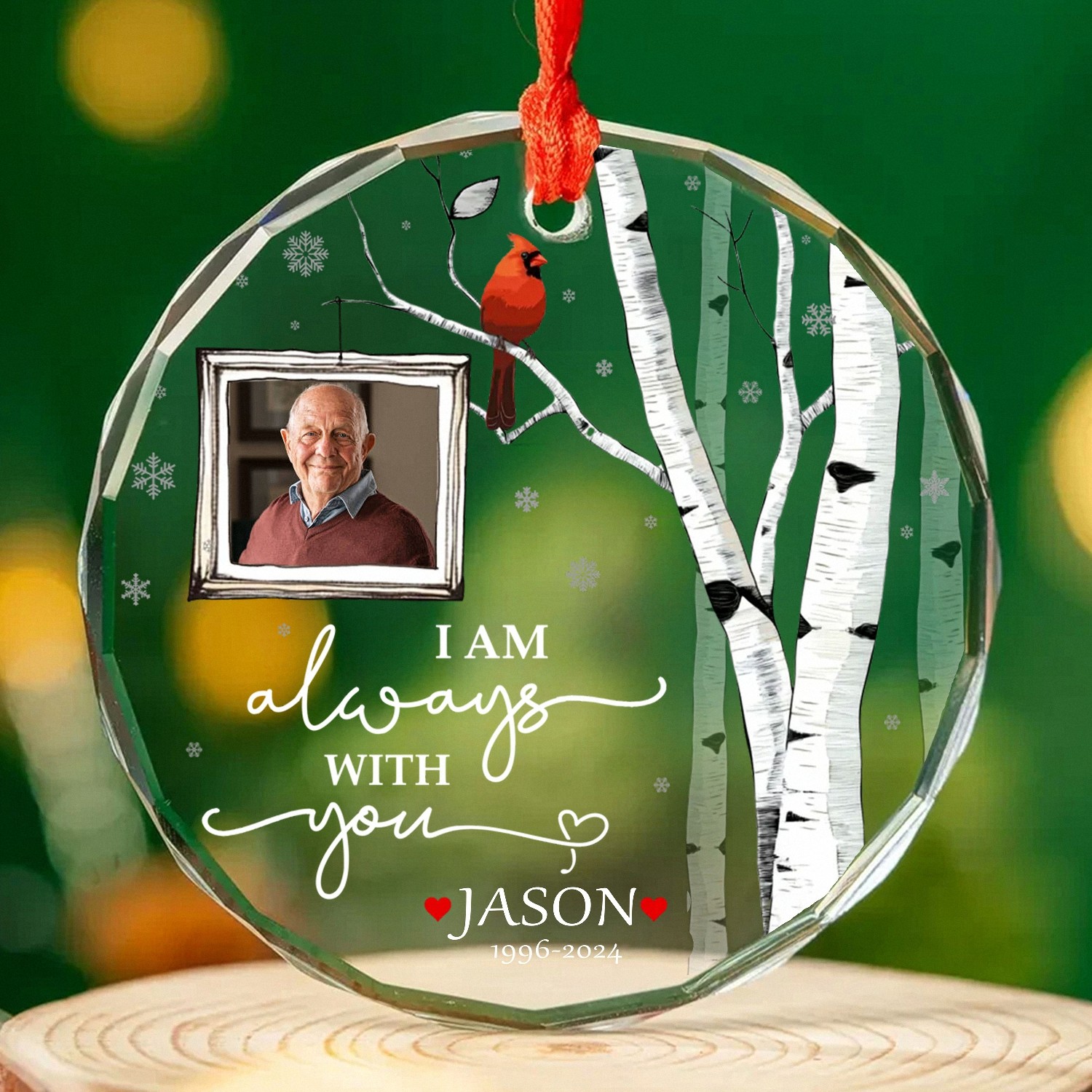 Personalized Photo Memorial Ornament Circle Keepsake with Cardinal Birch Tree