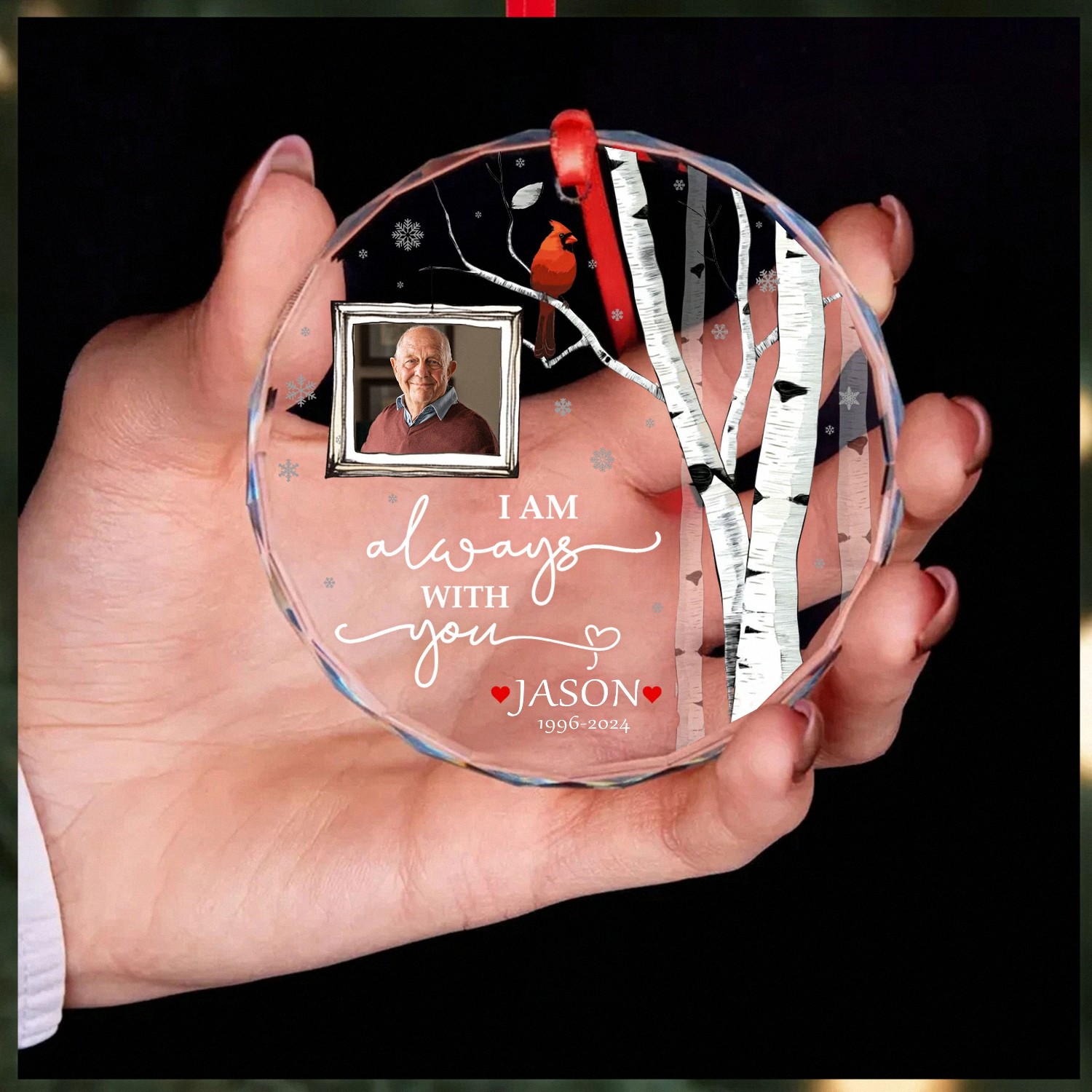Personalized Photo Memorial Ornament Circle Keepsake with Cardinal Birch Tree