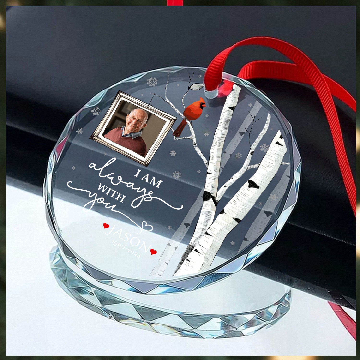 Personalized Photo Memorial Ornament Circle Keepsake with Cardinal Birch Tree