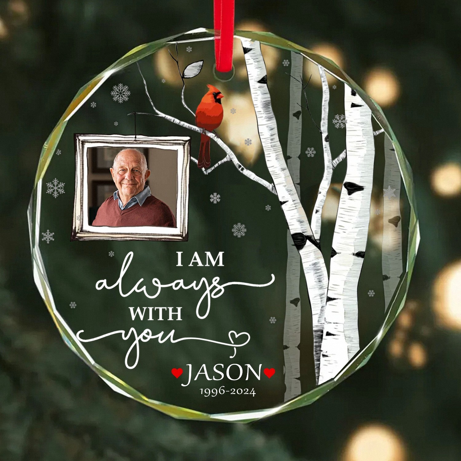 Personalized Photo Memorial Ornament Circle Keepsake with Cardinal Birch Tree