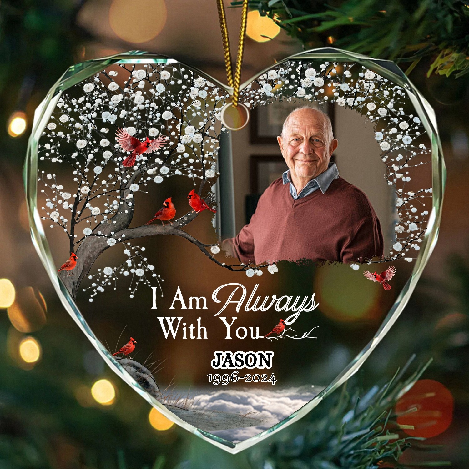 Personalized Photo Memorial Ornament, Heart-Shaped, with Custom Name & Birth Flower