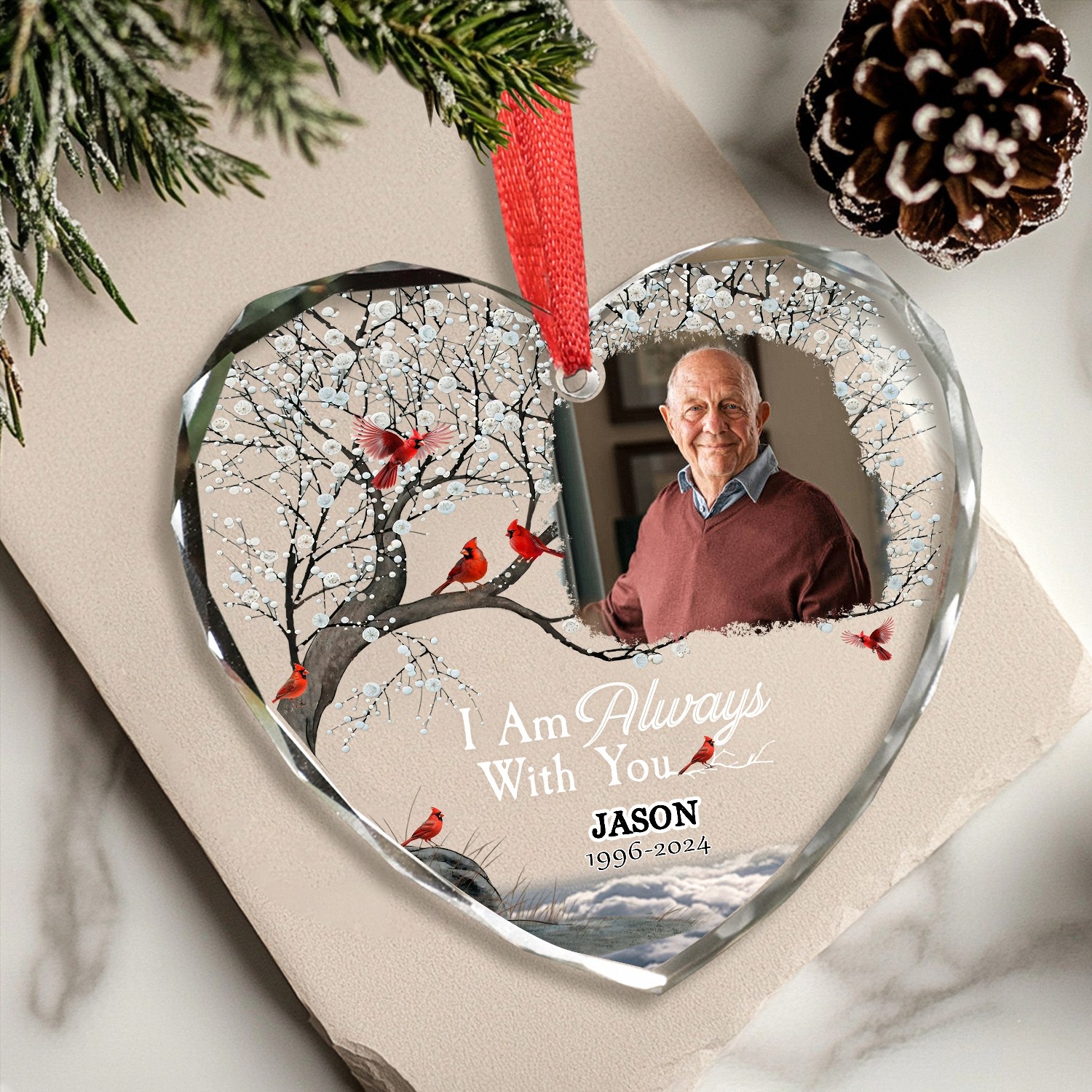 Personalized Photo Memorial Ornament, Heart-Shaped, with Custom Name & Birth Flower