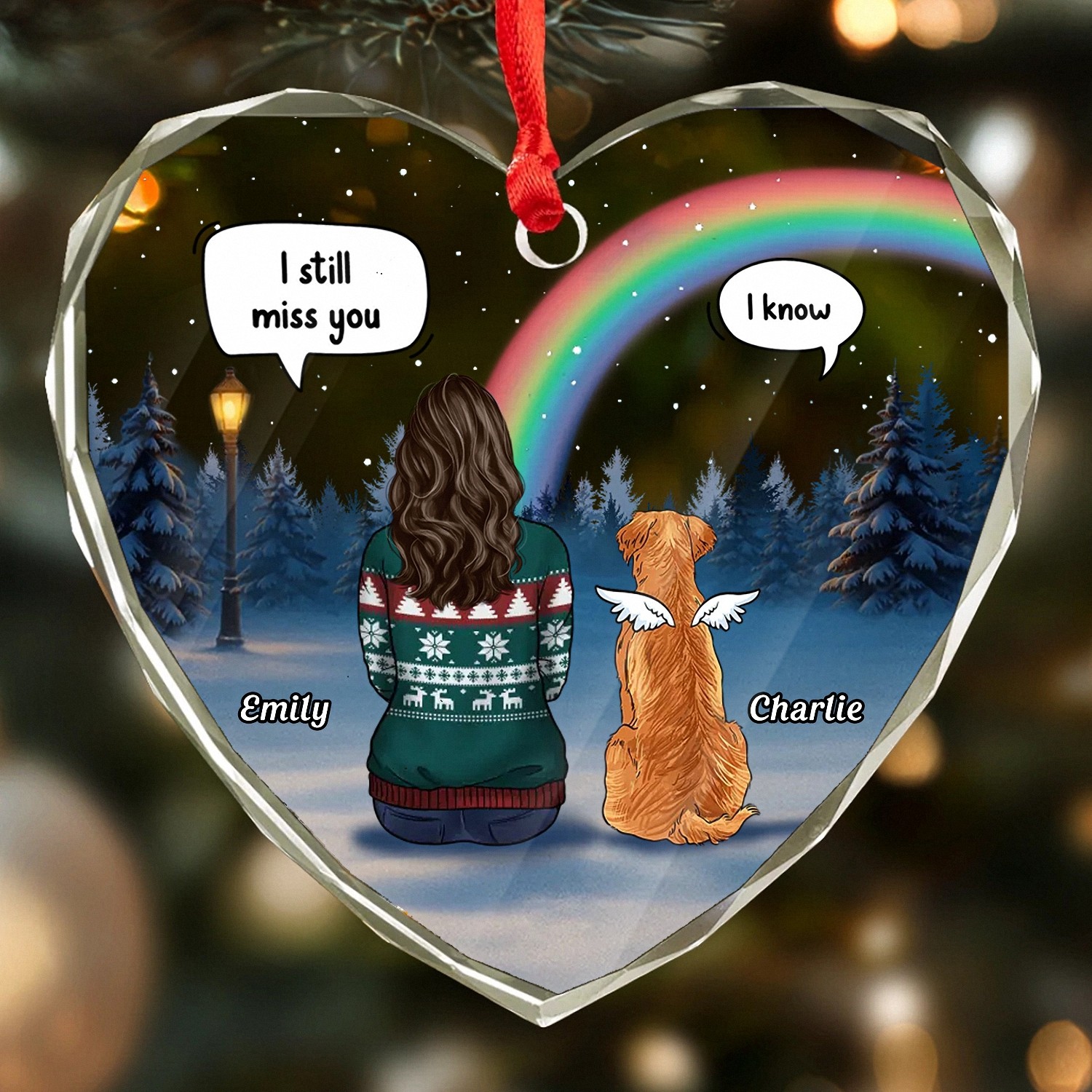 Personalized Rainbow Bridge Pet Memorial Ornament with Names I Still Miss You Angel Dog Keepsake HeartShaped Faceted Glass Style Christmas Pet Loss Bereavement Gift for Grieving Dog Owners
