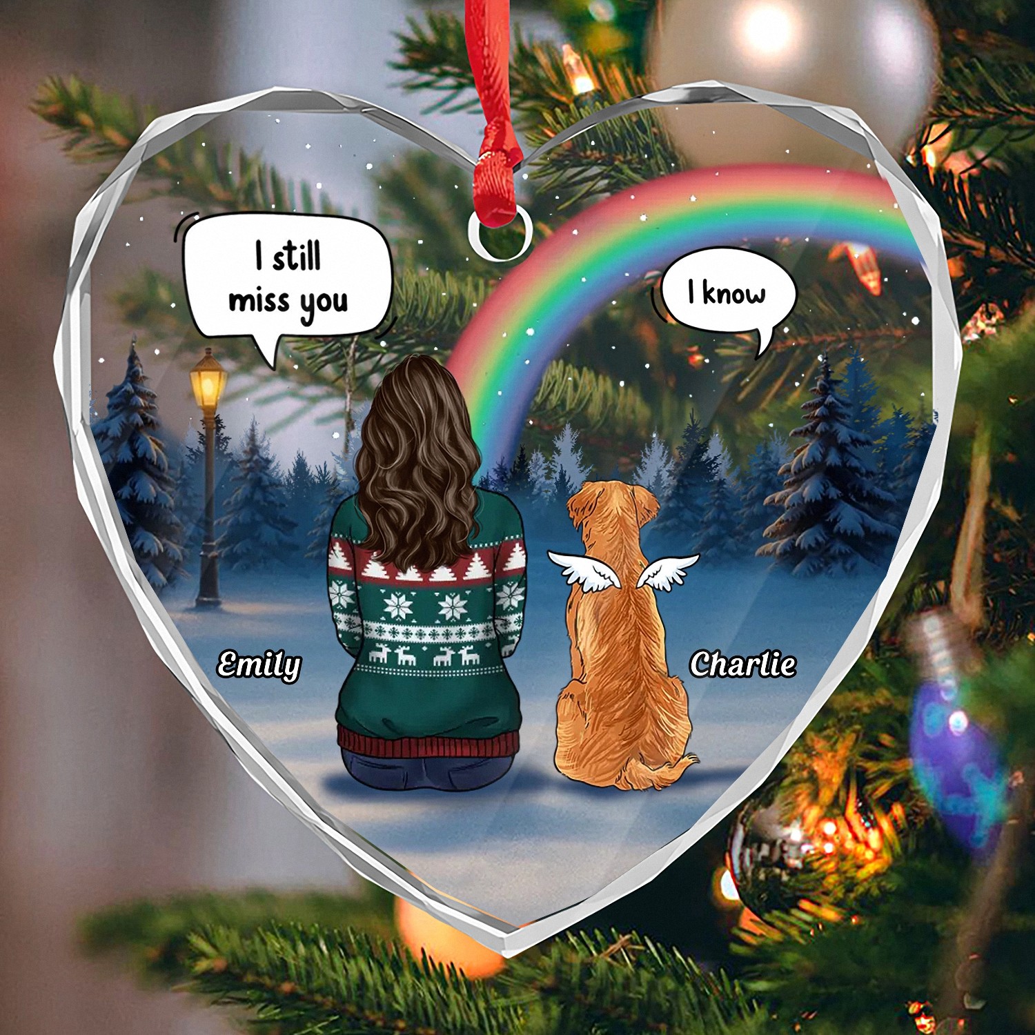 Personalized Rainbow Bridge Pet Memorial Ornament with Names I Still Miss You Angel Dog Keepsake HeartShaped Faceted Glass Style Christmas Pet Loss Bereavement Gift for Grieving Dog Owners
