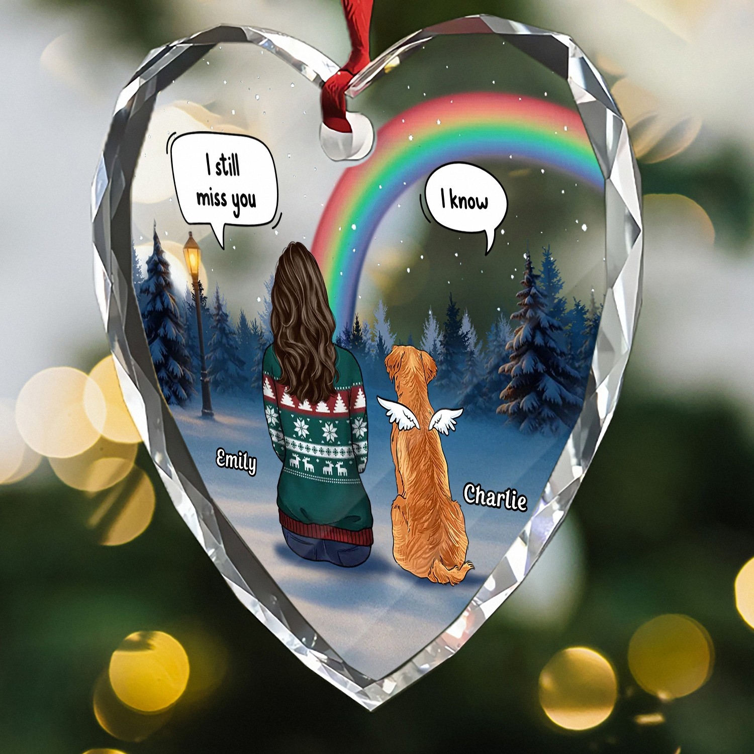 Personalized Rainbow Bridge Pet Memorial Ornament with Names I Still Miss You Angel Dog Keepsake HeartShaped Faceted Glass Style Christmas Pet Loss Bereavement Gift for Grieving Dog Owners