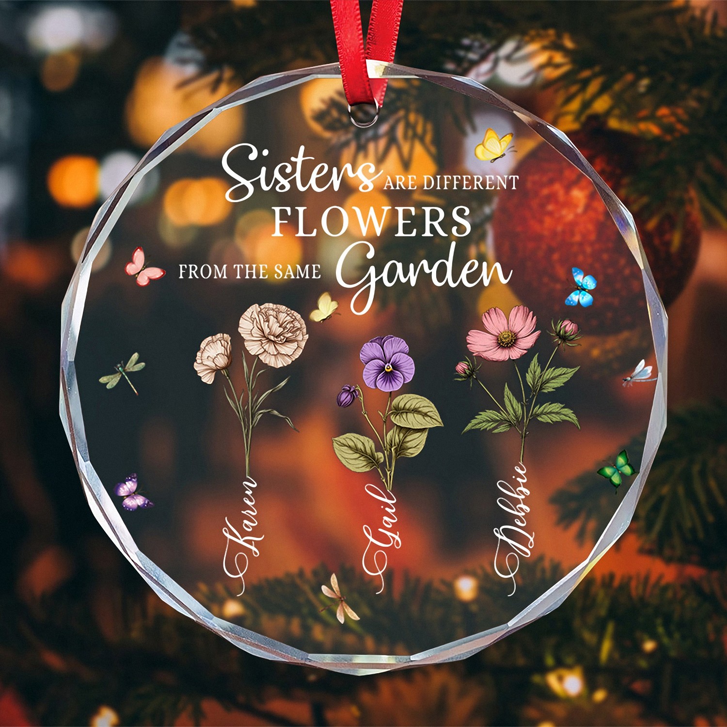 Personalized Sister Gift Circle-Shaped Ornament Featuring Your Names Birth Flowers