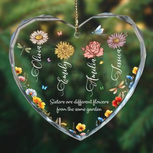 Personalized Sister Gift Heart-Shaped Ornament with Custom Names and Birth Flowers