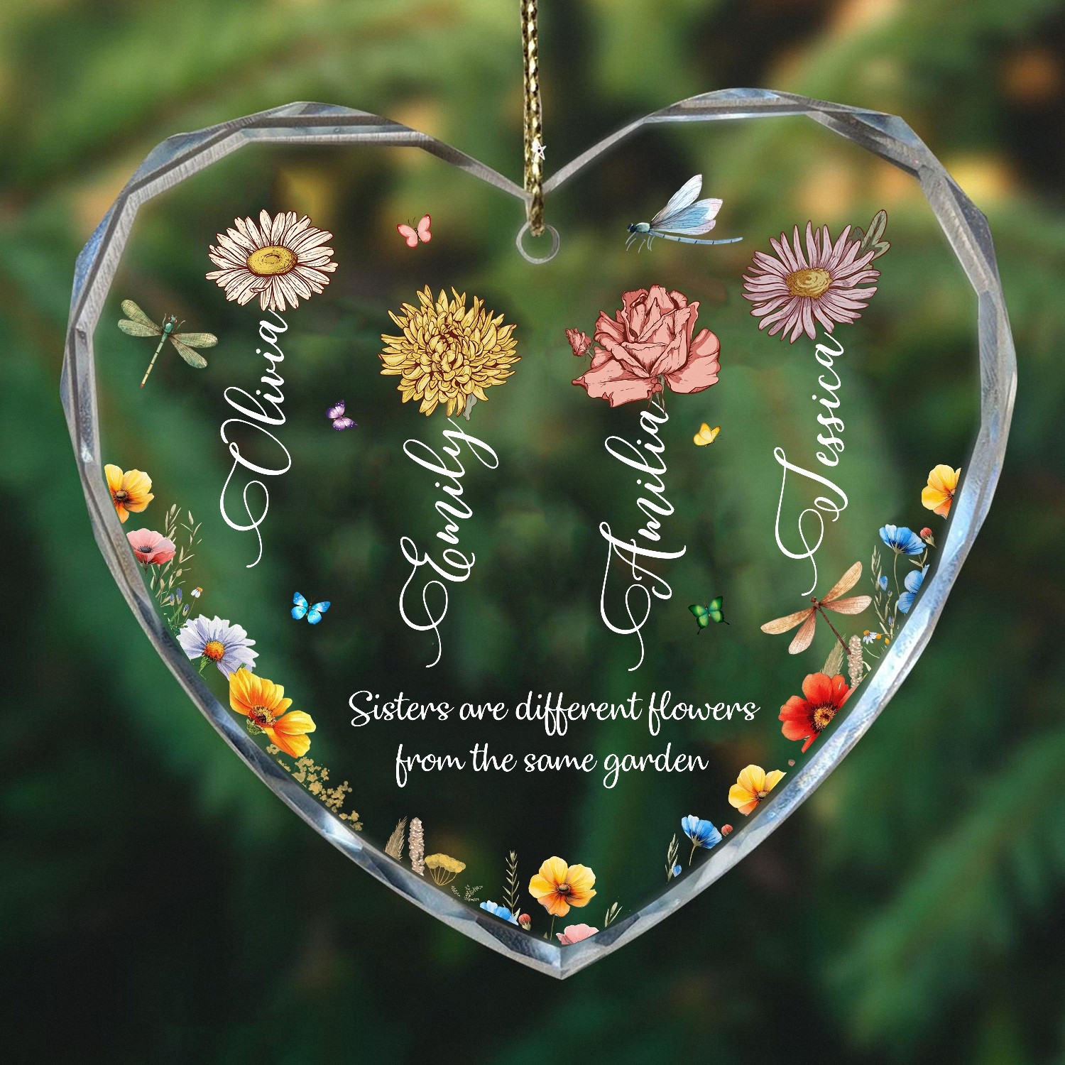 Personalized Sister Gift Heart-Shaped Ornament with Custom Names and Birth Flowers