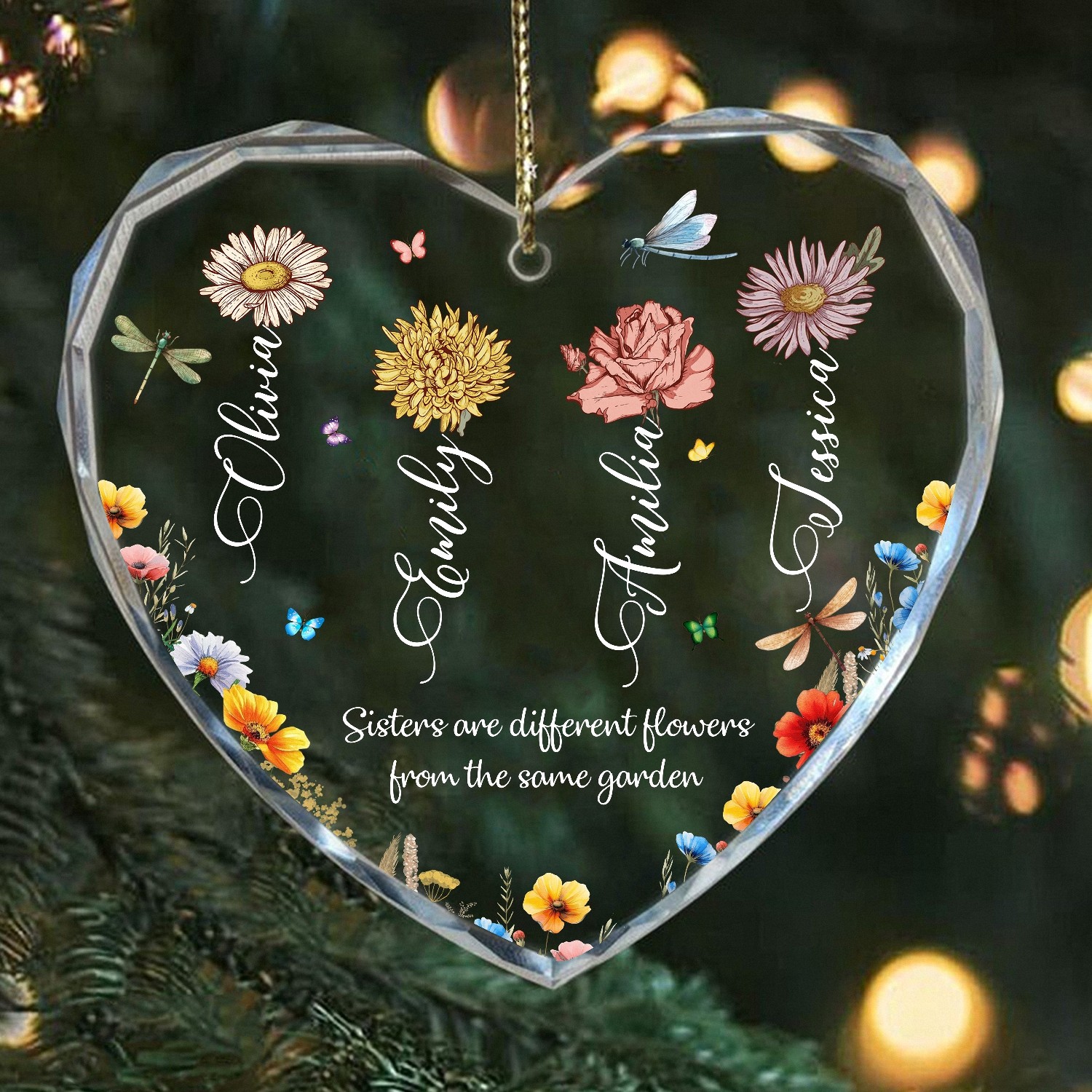 Personalized Sister Gift Heart-Shaped Ornament with Custom Names and Birth Flowers