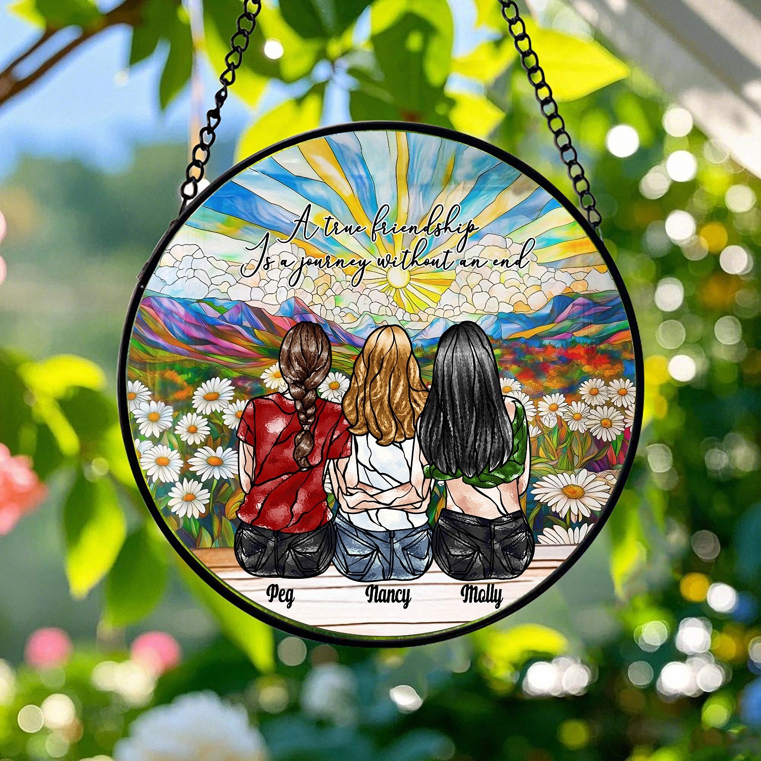 Personalized Sisters Suncatcher with Custom Names True Friendship Round Window Hanging Stained Glass Effect Birthday Gift for Women Best Friends Daisy Field Keepsake XZDS4