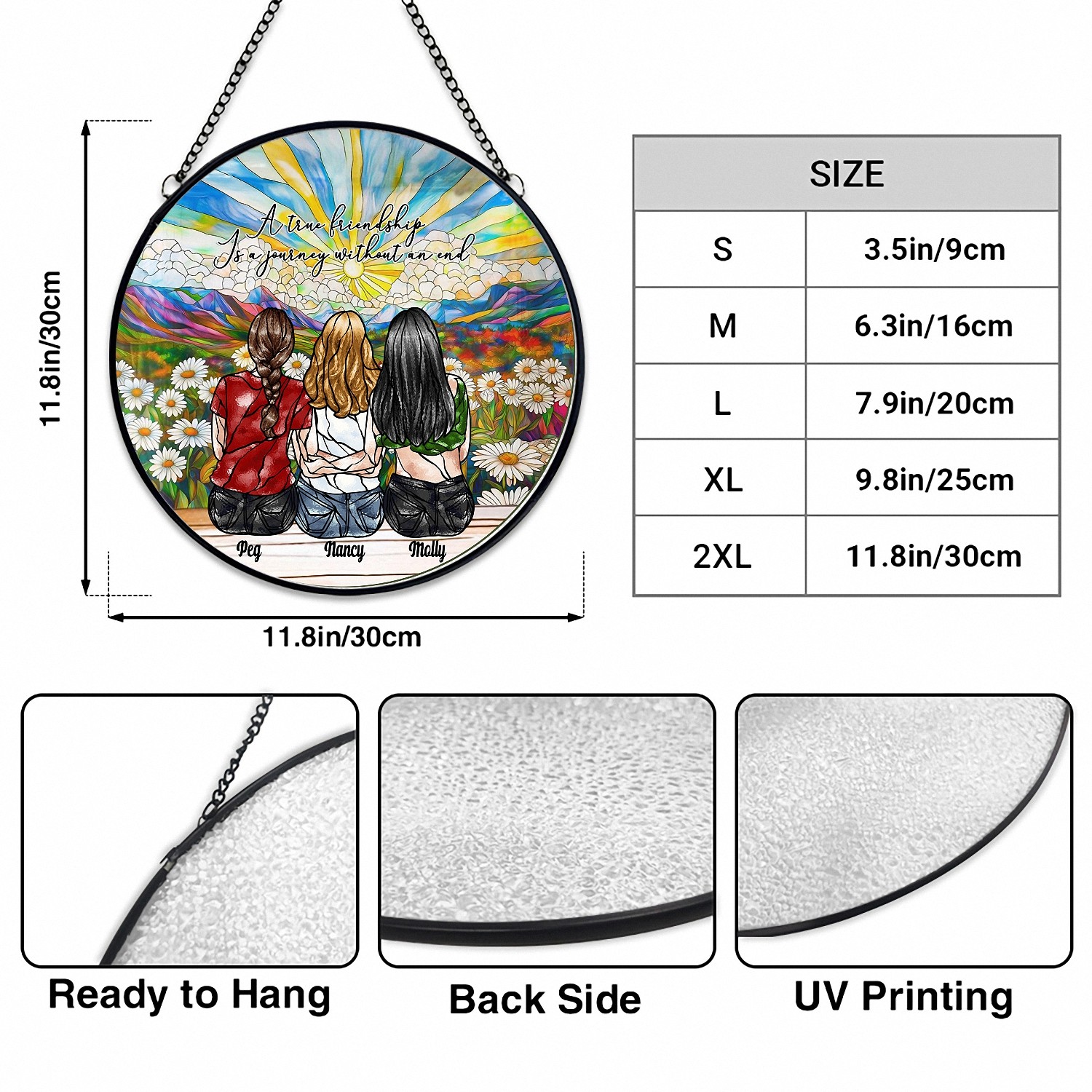 Personalized Sisters Suncatcher with Custom Names True Friendship Round Window Hanging Stained Glass Effect Birthday Gift for Women Best Friends Daisy Field Keepsake XZDS4