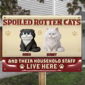 Personalized Spoiled Rotten Cats Funny Metal Sign with Custom Names Retro Style Yard Plaque Housewarming Gift for Cat Lovers Owners Home Garden Welcome Decor-WTQPD