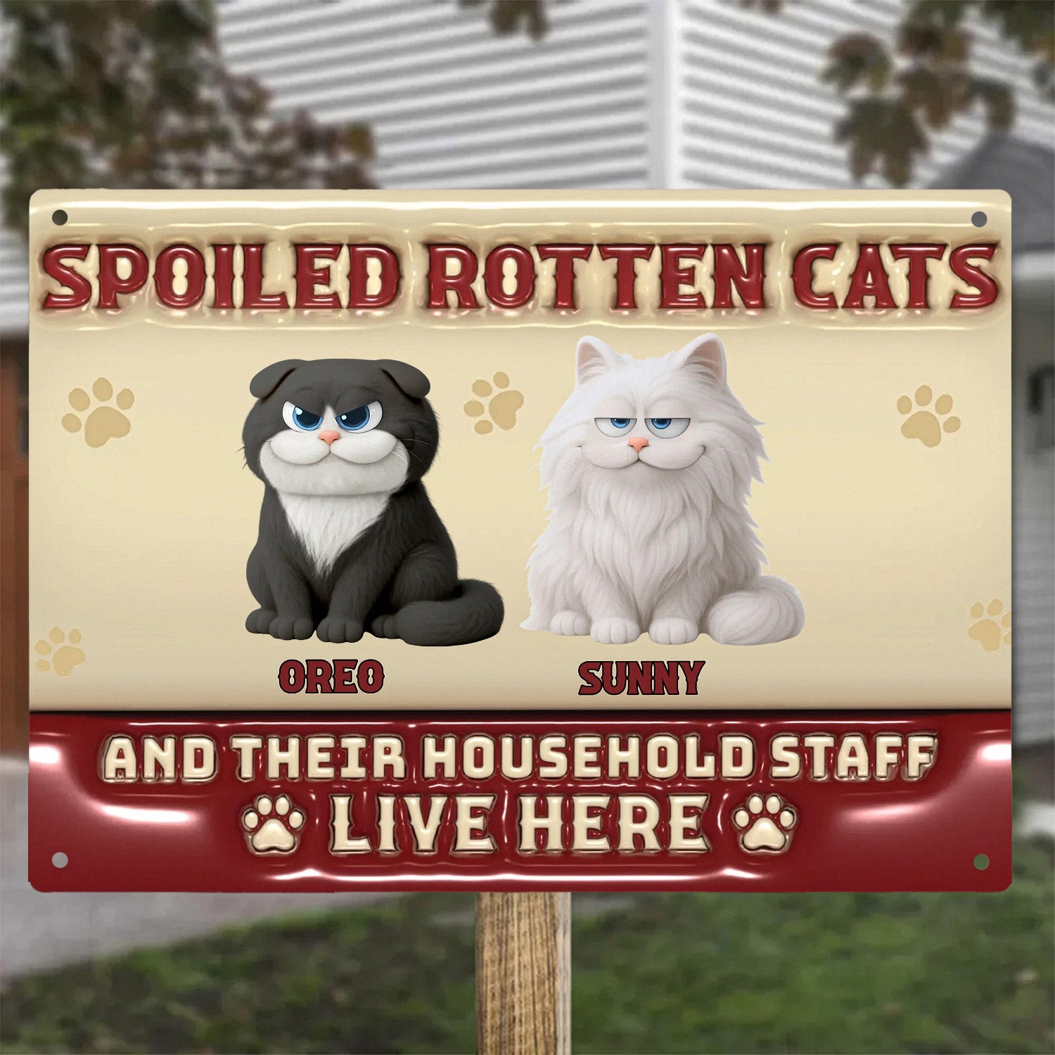 Personalized Spoiled Rotten Cats Funny Metal Sign with Custom Names Retro Style Yard Plaque Housewarming Gift for Cat Lovers Owners Home Garden Welcome Decor-WTQPD