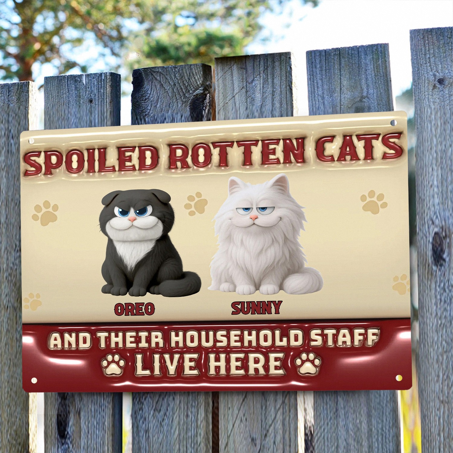 Personalized Spoiled Rotten Cats Funny Metal Sign with Custom Names Retro Style Yard Plaque Housewarming Gift for Cat Lovers Owners Home Garden Welcome Decor-WTQPD