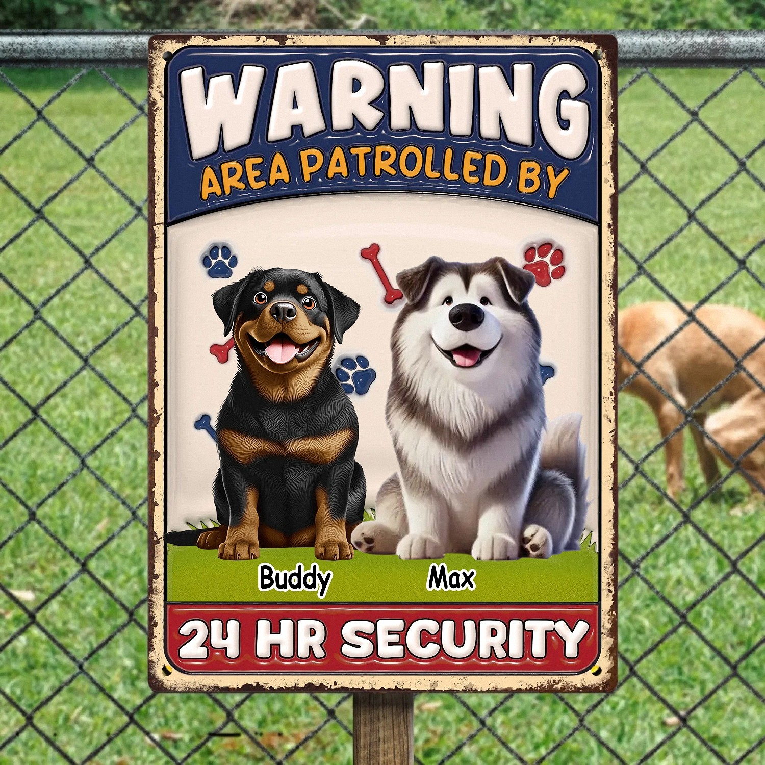 Personalized Warning Area Patrolled By Dog Sign with Names Funny 24 HR Security Metal Plaque Vintage Style Yard Decor Housewarming Gift for Dog Owners Fence Gate Sign 9JNIZ