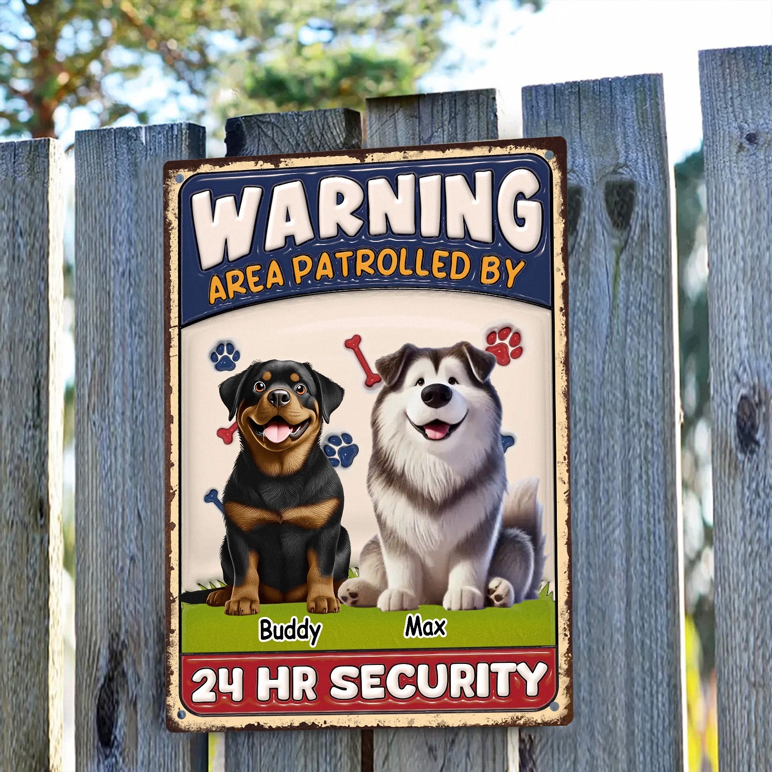 Personalized Warning Area Patrolled By Dog Sign with Names Funny 24 HR Security Metal Plaque Vintage Style Yard Decor Housewarming Gift for Dog Owners Fence Gate Sign 9JNIZ