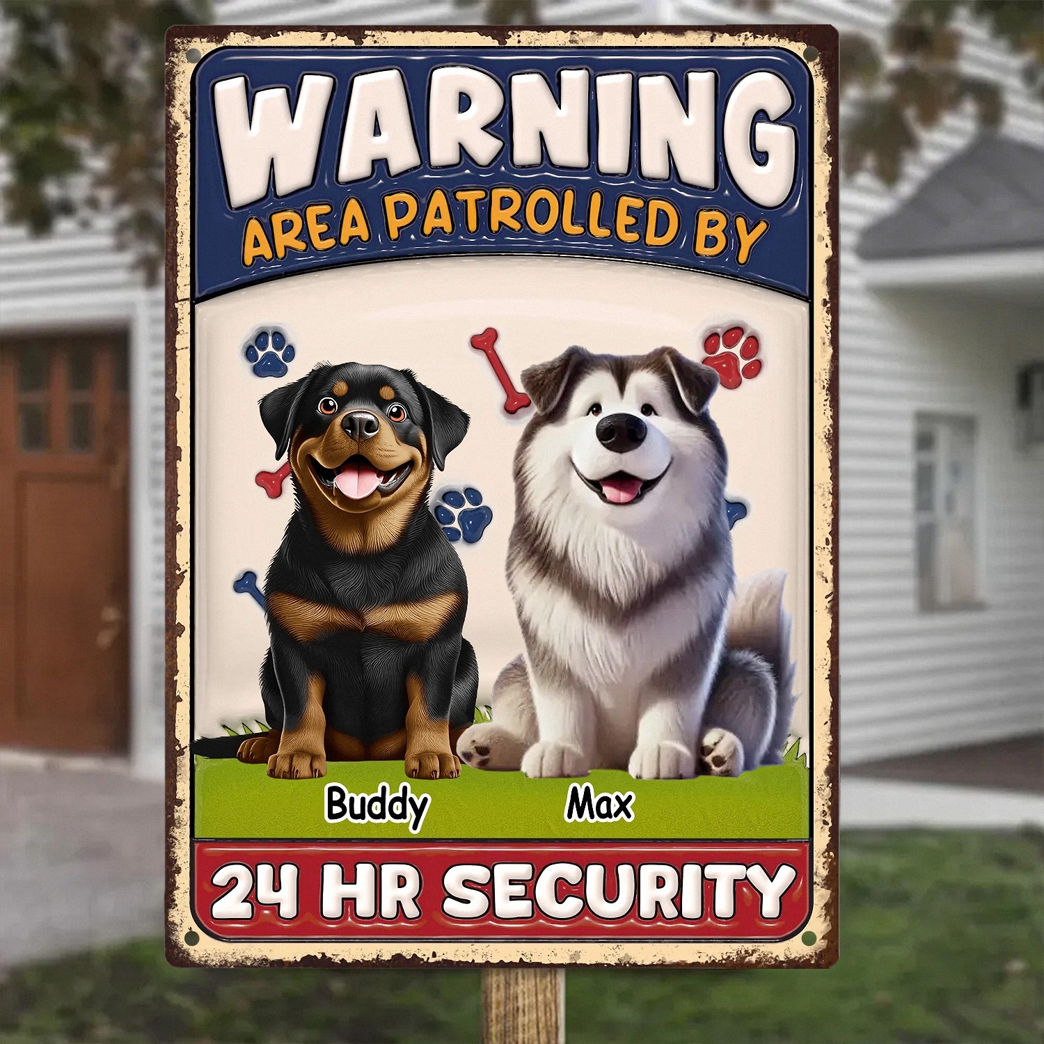 Personalized Warning Area Patrolled By Dog Sign with Names Funny 24 HR Security Metal Plaque Vintage Style Yard Decor Housewarming Gift for Dog Owners Fence Gate Sign 9JNIZ