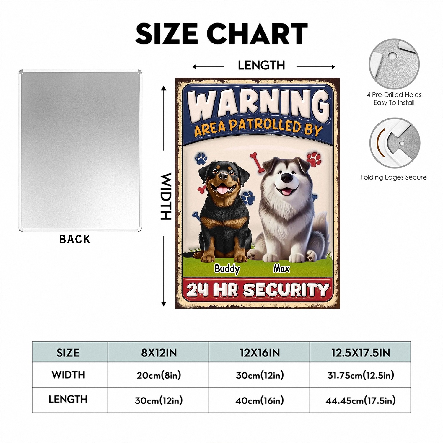 Personalized Warning Area Patrolled By Dog Sign with Names Funny 24 HR Security Metal Plaque Vintage Style Yard Decor Housewarming Gift for Dog Owners Fence Gate Sign 9JNIZ