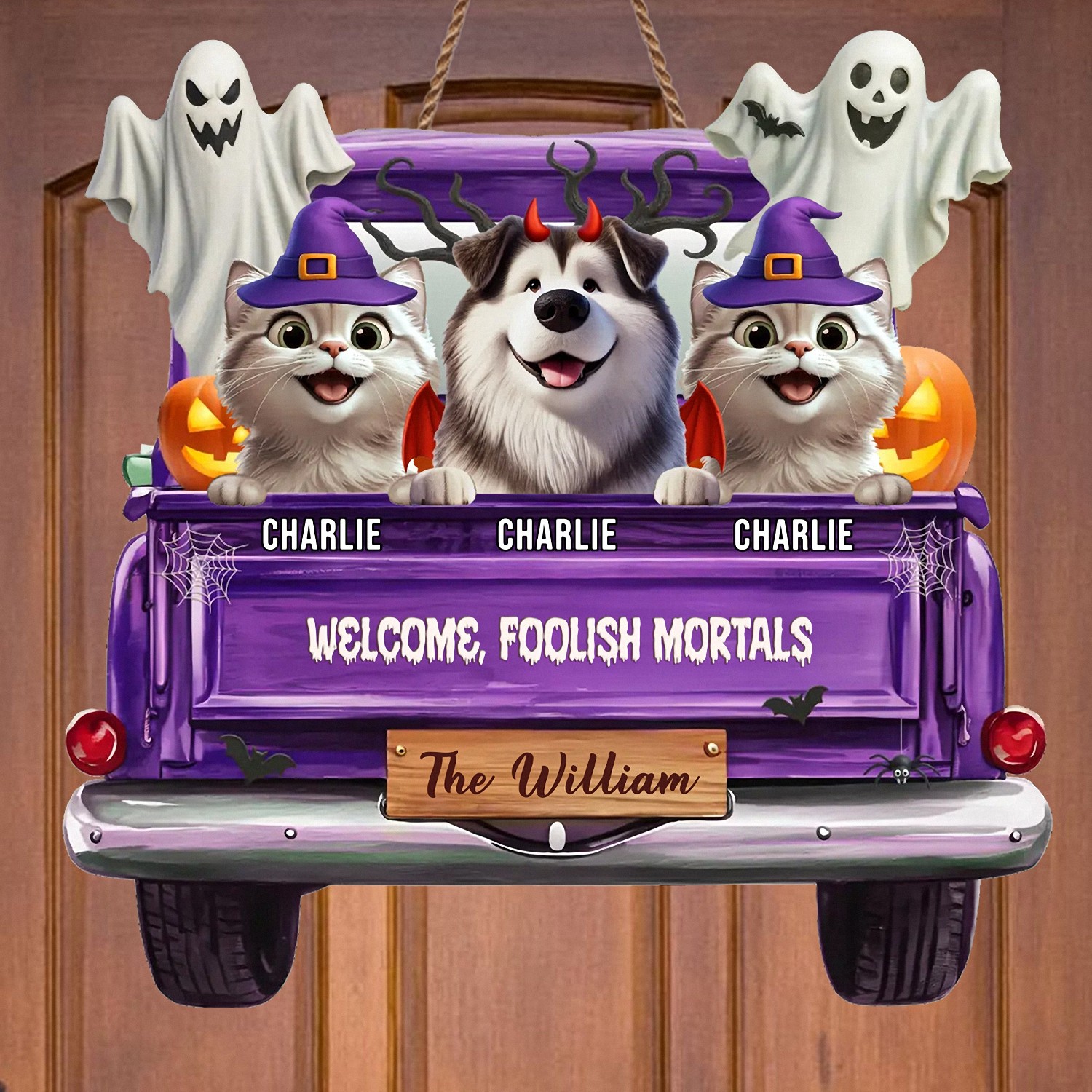 Personalized Welcome Foolish Mortals Halloween Pet Sign Custom Name Purple Truck Door Hanger Spooky Wooden Decor Funny Gift for Dog Cat Owners Family Front Door Plaque