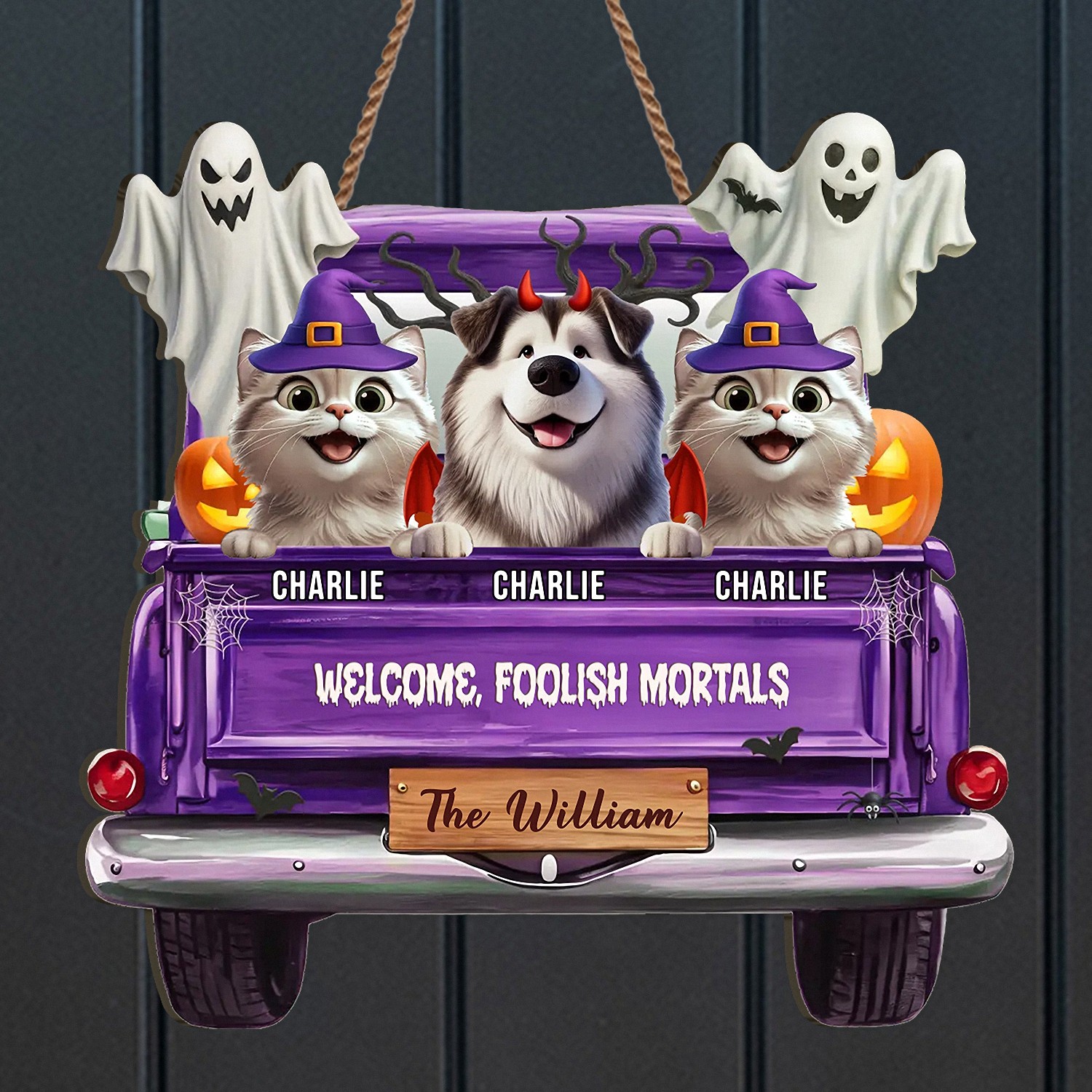 Personalized Welcome Foolish Mortals Halloween Pet Sign Custom Name Purple Truck Door Hanger Spooky Wooden Decor Funny Gift for Dog Cat Owners Family Front Door Plaque