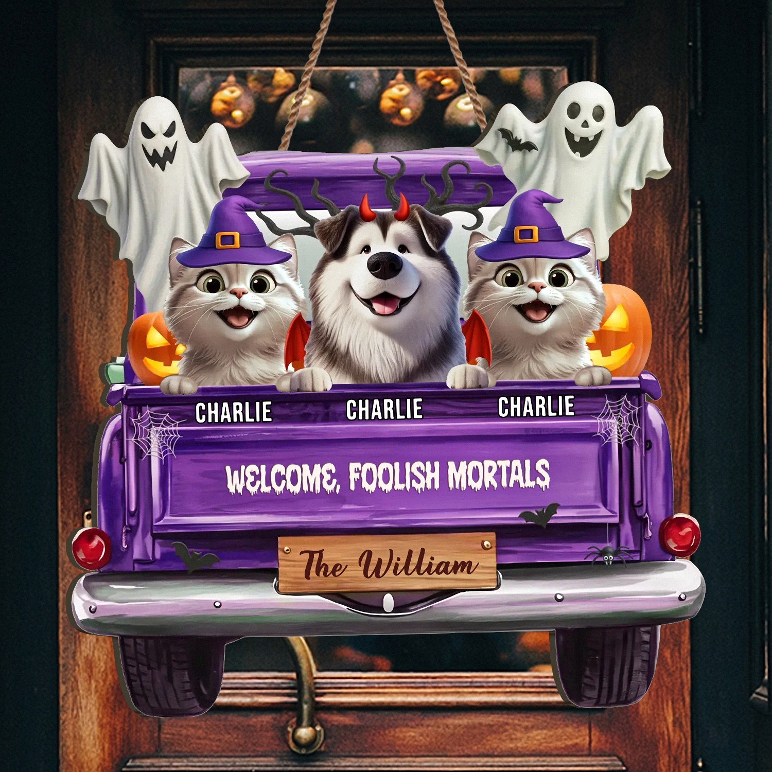 Personalized Welcome Foolish Mortals Halloween Pet Sign Custom Name Purple Truck Door Hanger Spooky Wooden Decor Funny Gift for Dog Cat Owners Family Front Door Plaque