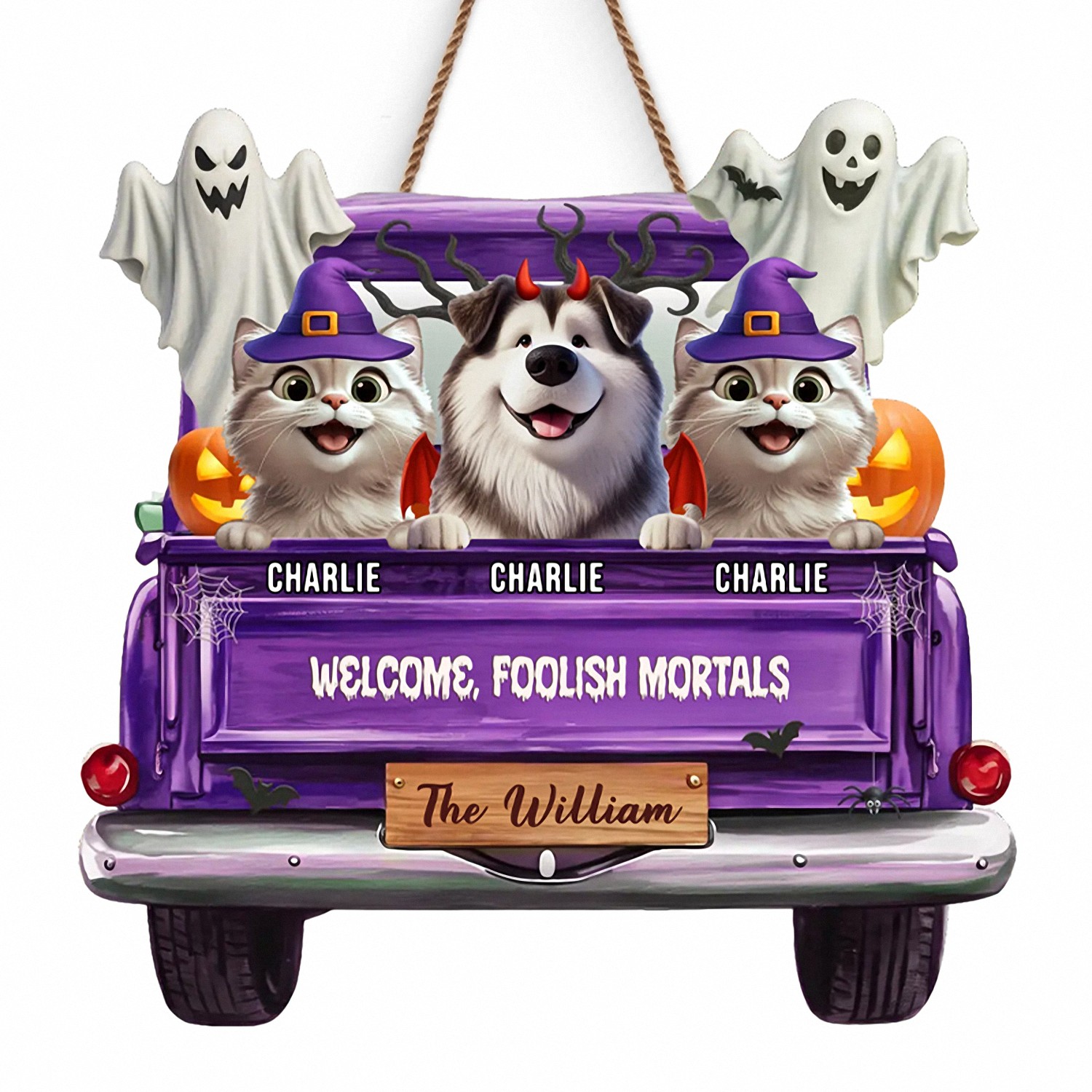 Personalized Welcome Foolish Mortals Halloween Pet Sign Custom Name Purple Truck Door Hanger Spooky Wooden Decor Funny Gift for Dog Cat Owners Family Front Door Plaque