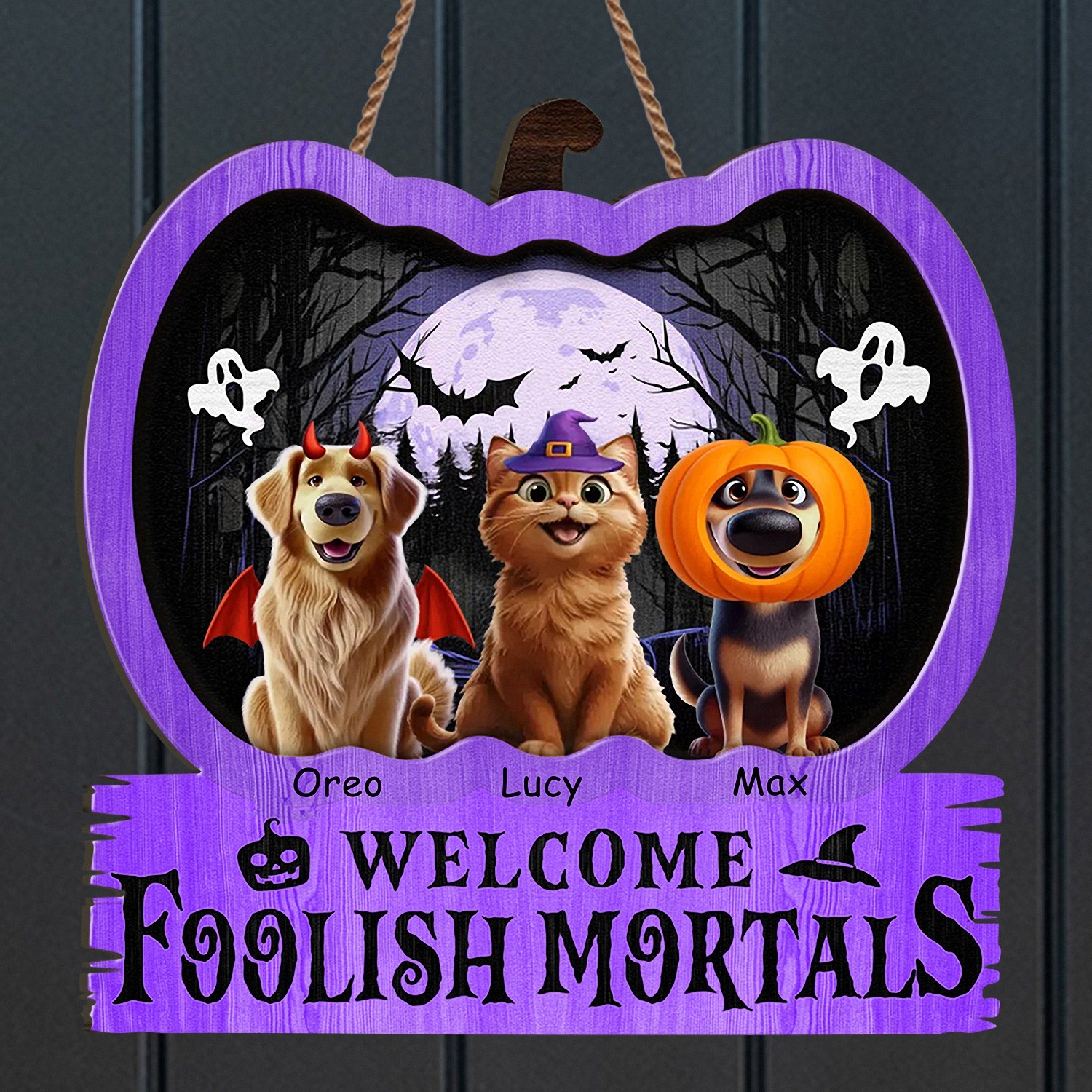 Personalized Welcome Foolish Mortals Pet Sign with Names Halloween Pumpkin Door Hanger Layered Wooden Spooky Decor Funny Halloween Gift for Dog Cat Lovers Front Door Welcome