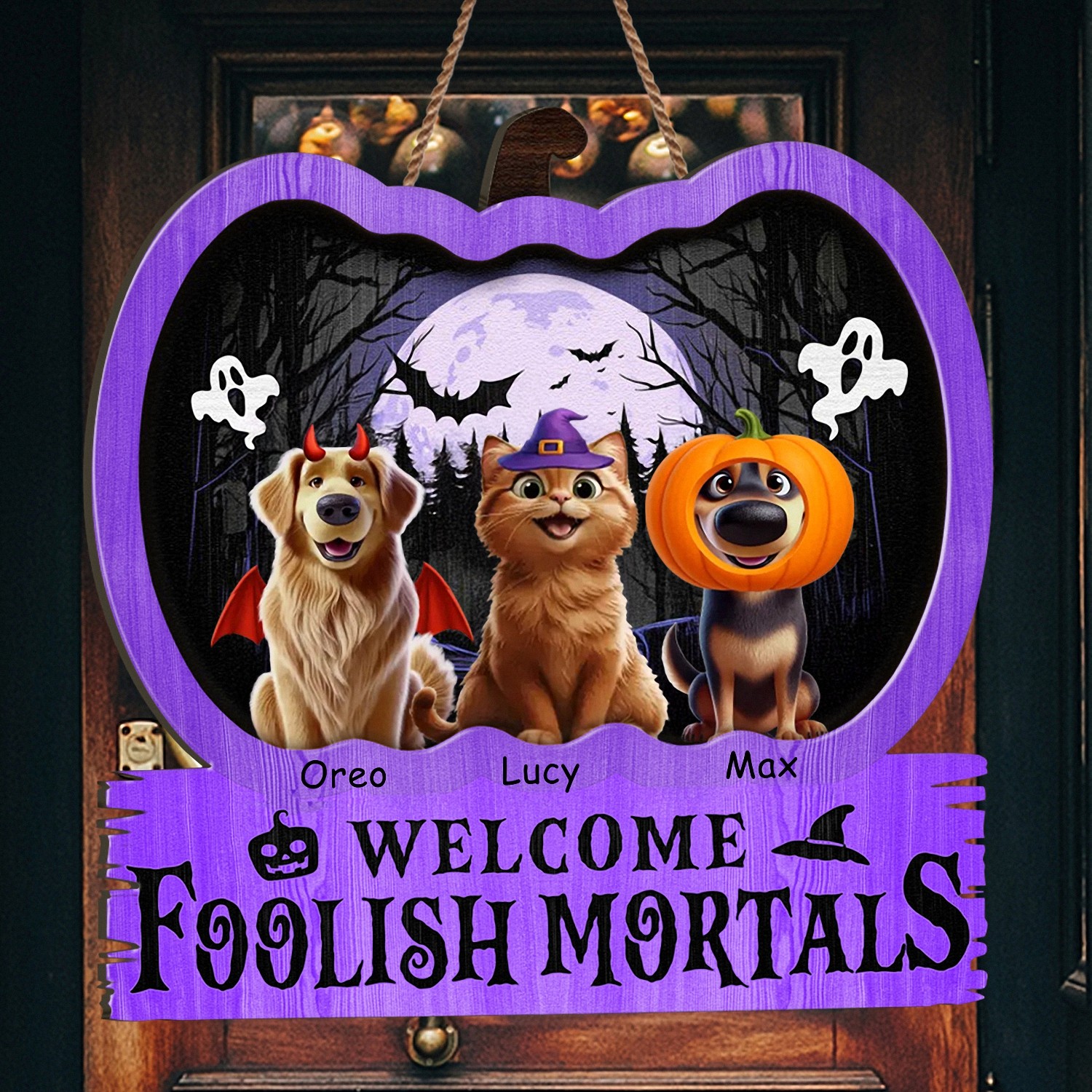 Personalized Welcome Foolish Mortals Pet Sign with Names Halloween Pumpkin Door Hanger Layered Wooden Spooky Decor Funny Halloween Gift for Dog Cat Lovers Front Door Welcome