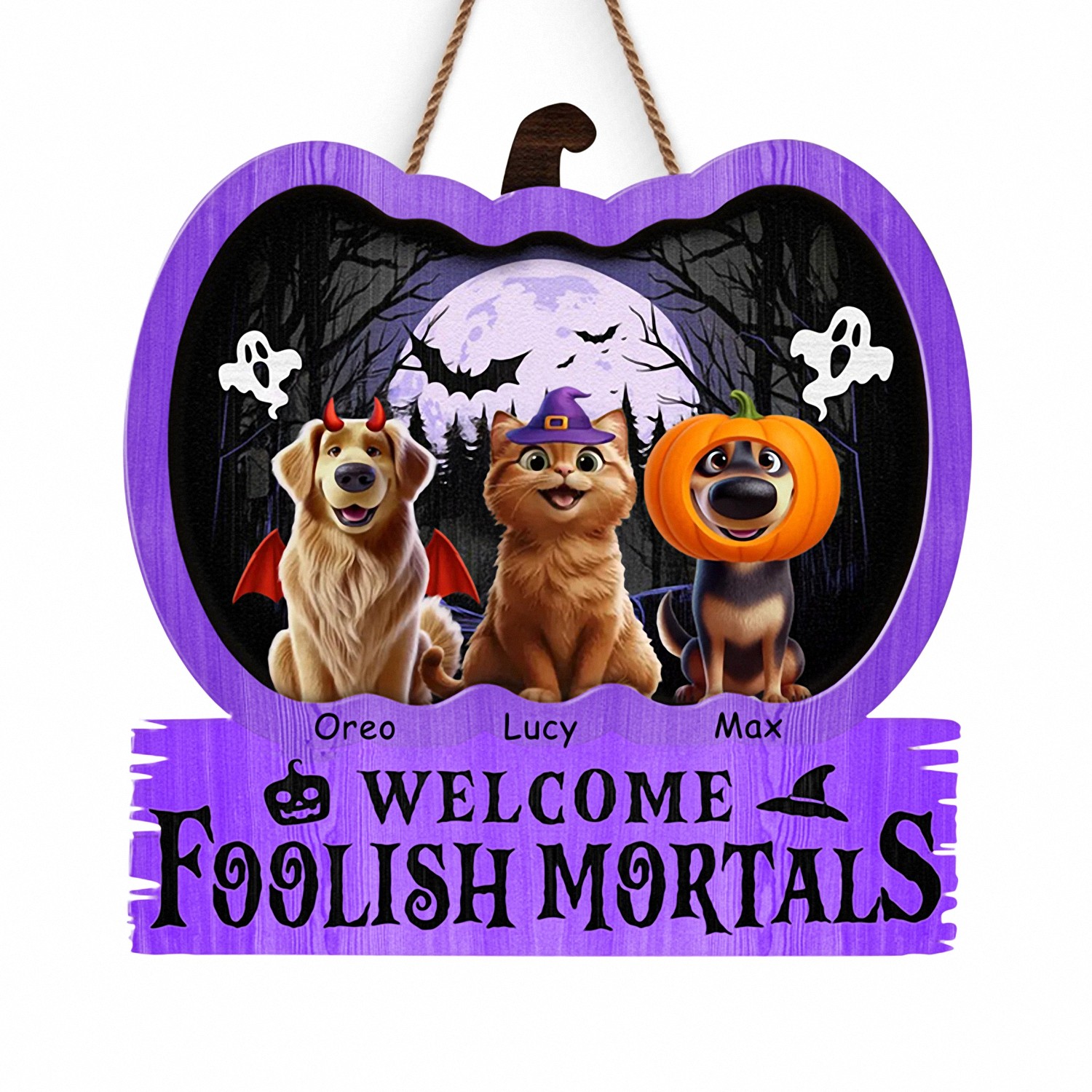 Personalized Welcome Foolish Mortals Pet Sign with Names Halloween Pumpkin Door Hanger Layered Wooden Spooky Decor Funny Halloween Gift for Dog Cat Lovers Front Door Welcome