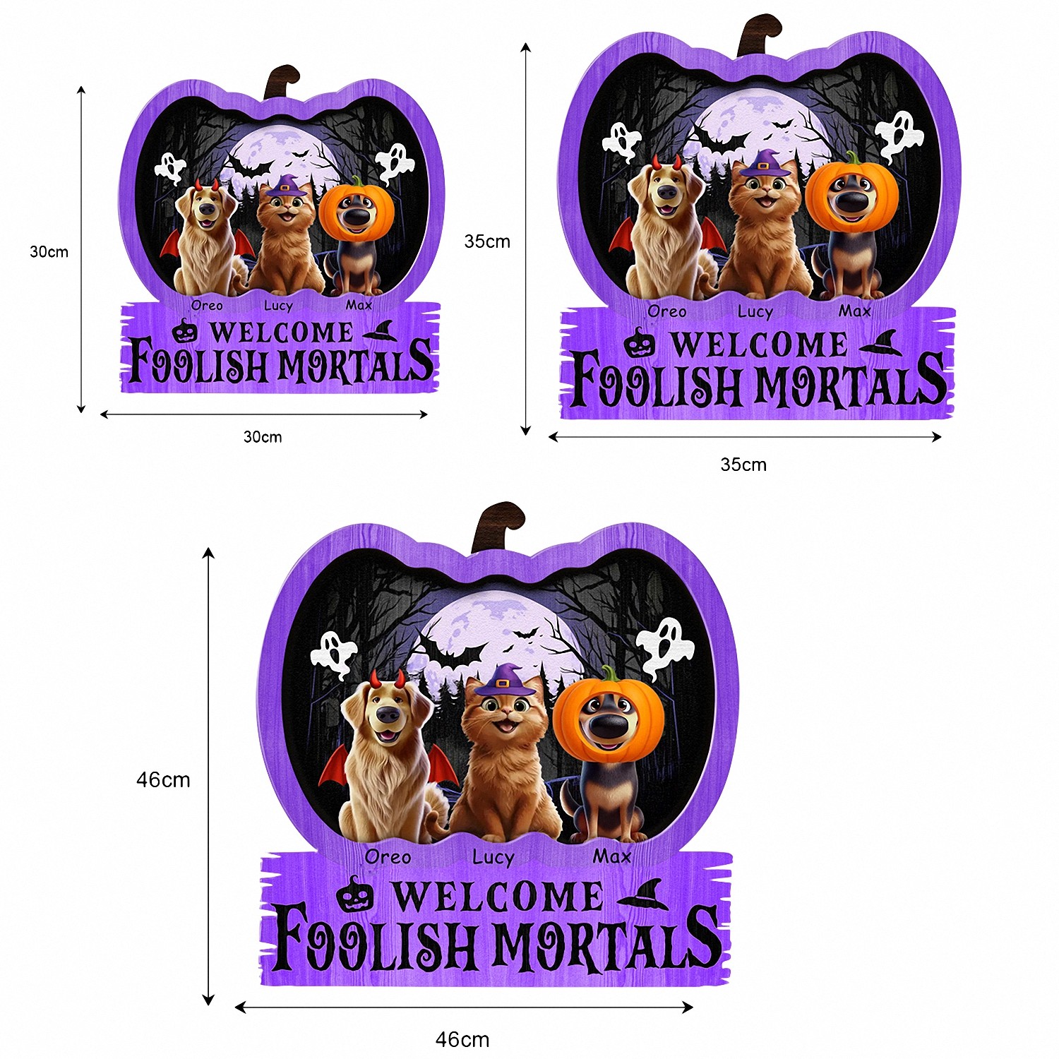 Personalized Welcome Foolish Mortals Pet Sign with Names Halloween Pumpkin Door Hanger Layered Wooden Spooky Decor Funny Halloween Gift for Dog Cat Lovers Front Door Welcome