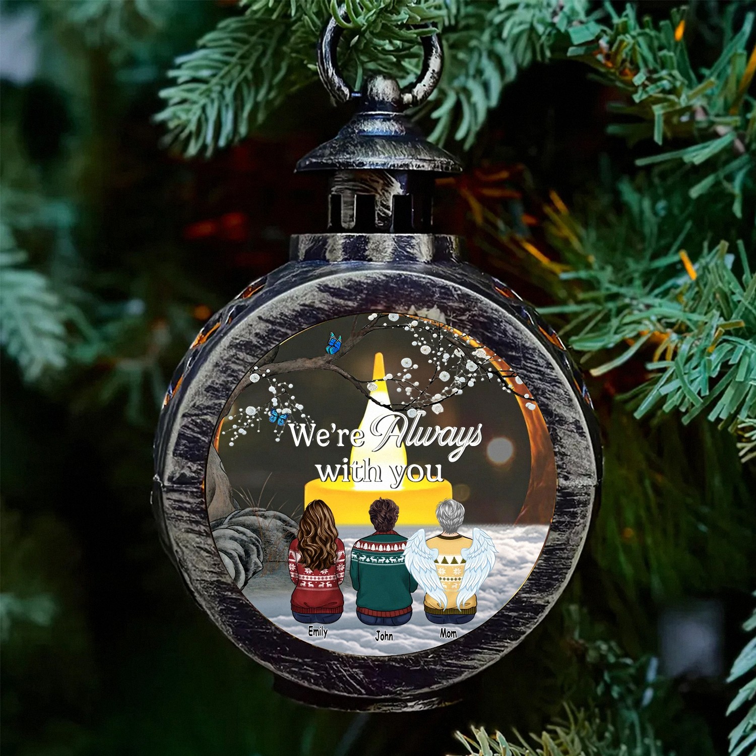 Personalized Were Always With You Memorial Christmas Ornament Angel Wings LED Lantern Keepsake Vintage Style Bereavement Gift for Grieving Family Loss of Mom Sympathy Tree Decoration 4ER5E
