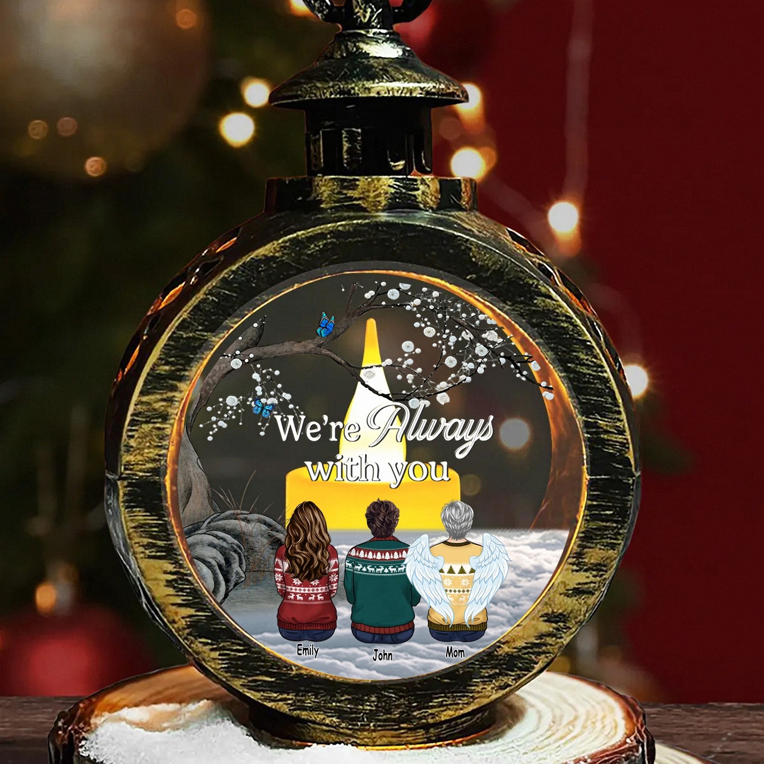 Personalized Were Always With You Memorial Christmas Ornament Angel Wings LED Lantern Keepsake Vintage Style Bereavement Gift for Grieving Family Loss of Mom Sympathy Tree Decoration 4ER5E
